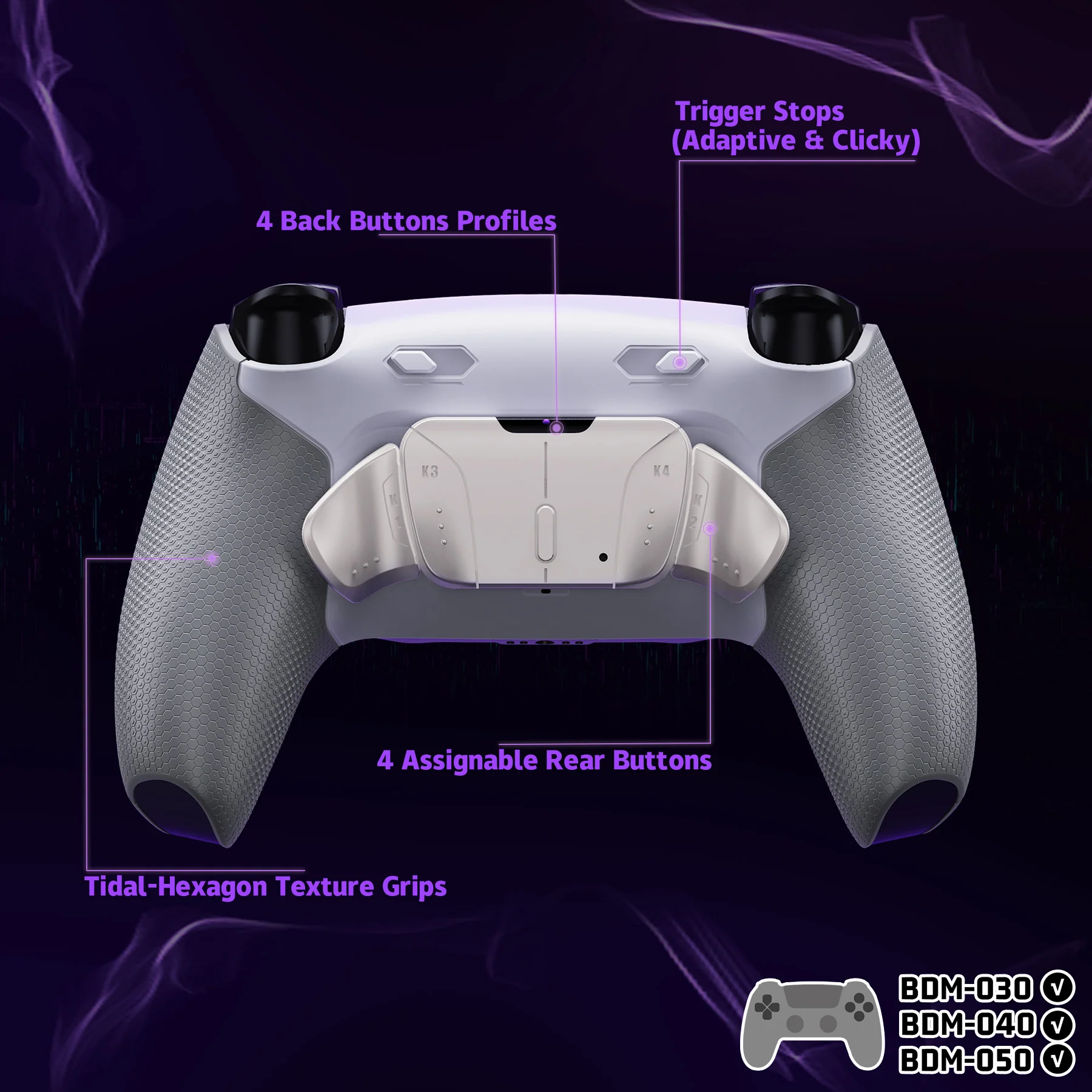 eXtremeRate Real Metal Buttons (RMB) Version RISE4 Plus MAX Back Paddles Kit with Clicky Trigger Stops & Rubberized Grip for PS5 Controller BDM-030/040/050 - White Gray - Silver - Image 5