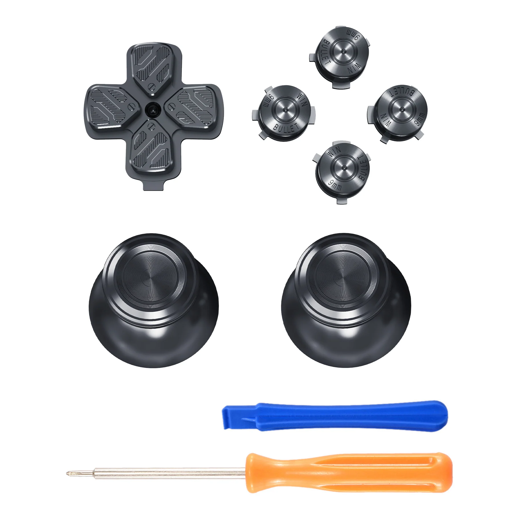 eXtremeRate Replacement Aluminum Metal Thumbsticks Dpad ABXY Buttons for PS5 Controller - Black - Image 2