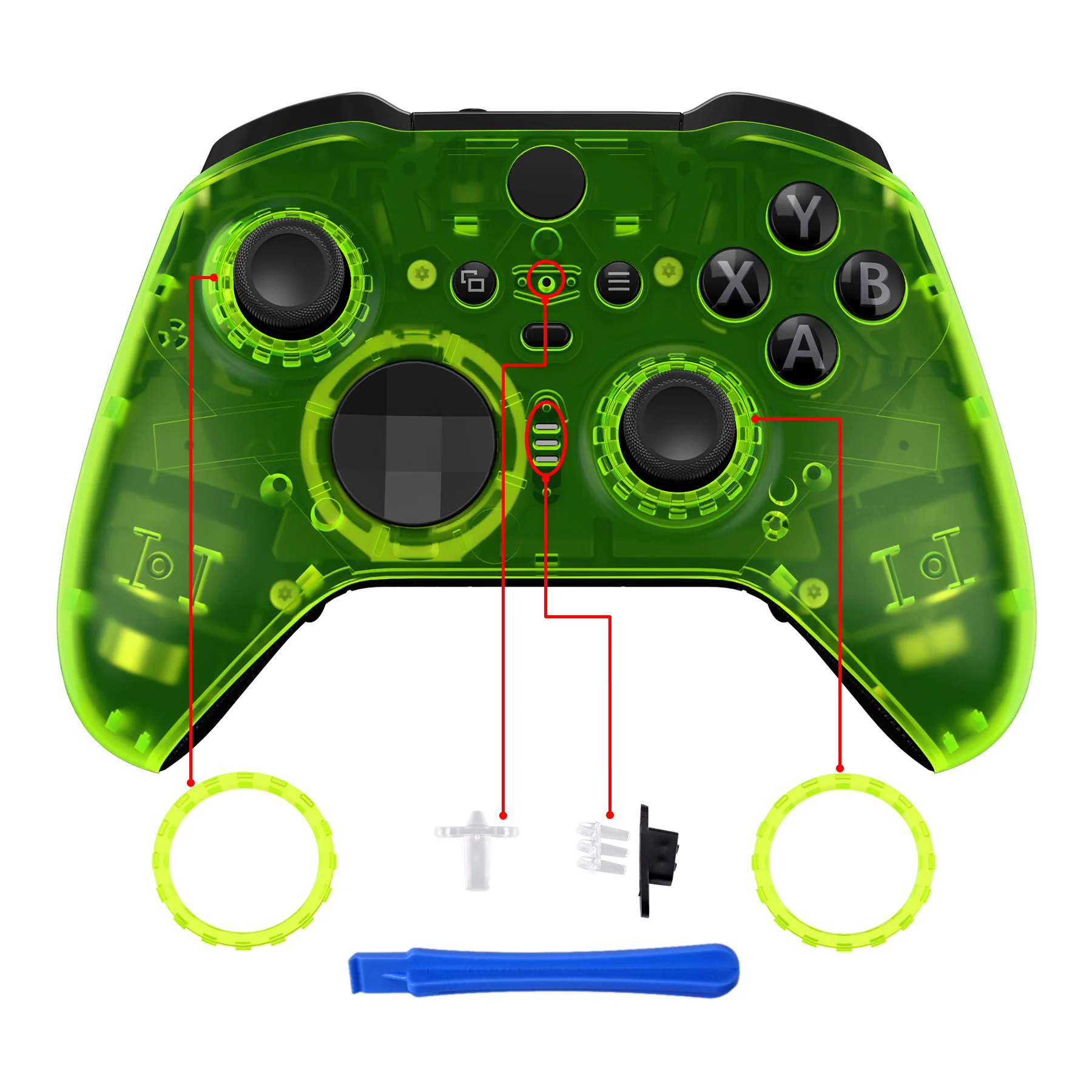 eXtremeRate Replacement Front Housing Shell Case with Accent Rings for Xbox One Elite Series 2 & Elite 2 Core Controller (Model 1797) - Clear Lime Green - Image 4
