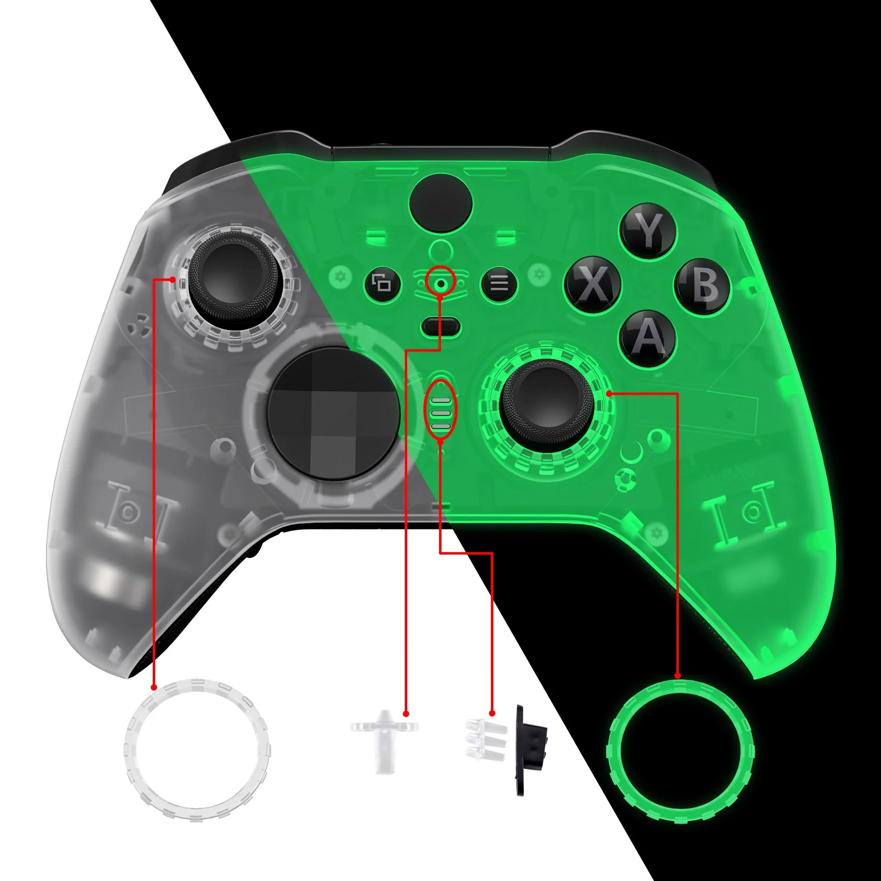 eXtremeRate Replacement Front Housing Shell Case with Accent Rings for Xbox One Elite Series 2 & Elite 2 Core Controller (Model 1797) - Glow in Dark - Green - Image 5