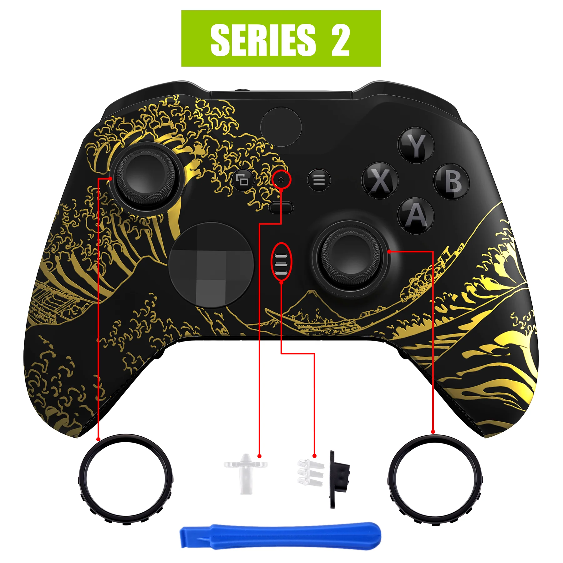 eXtremeRate Replacement Front Housing Shell Case with Accent Rings for Xbox One Elite Series 2 & Elite 2 Core Controller (Model 1797) - The Great GOLDEN Wave Off Kanagawa - Black - Image 4