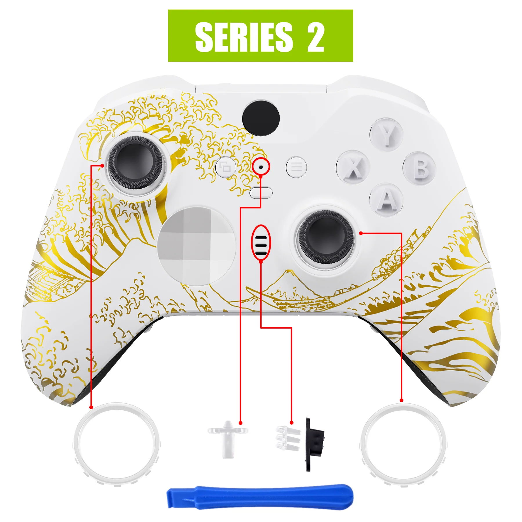 eXtremeRate Replacement Front Housing Shell Case with Accent Rings for Xbox One Elite Series 2 & Elite 2 Core Controller (Model 1797) - The Great GOLDEN Wave Off Kanagawa - White - Image 4