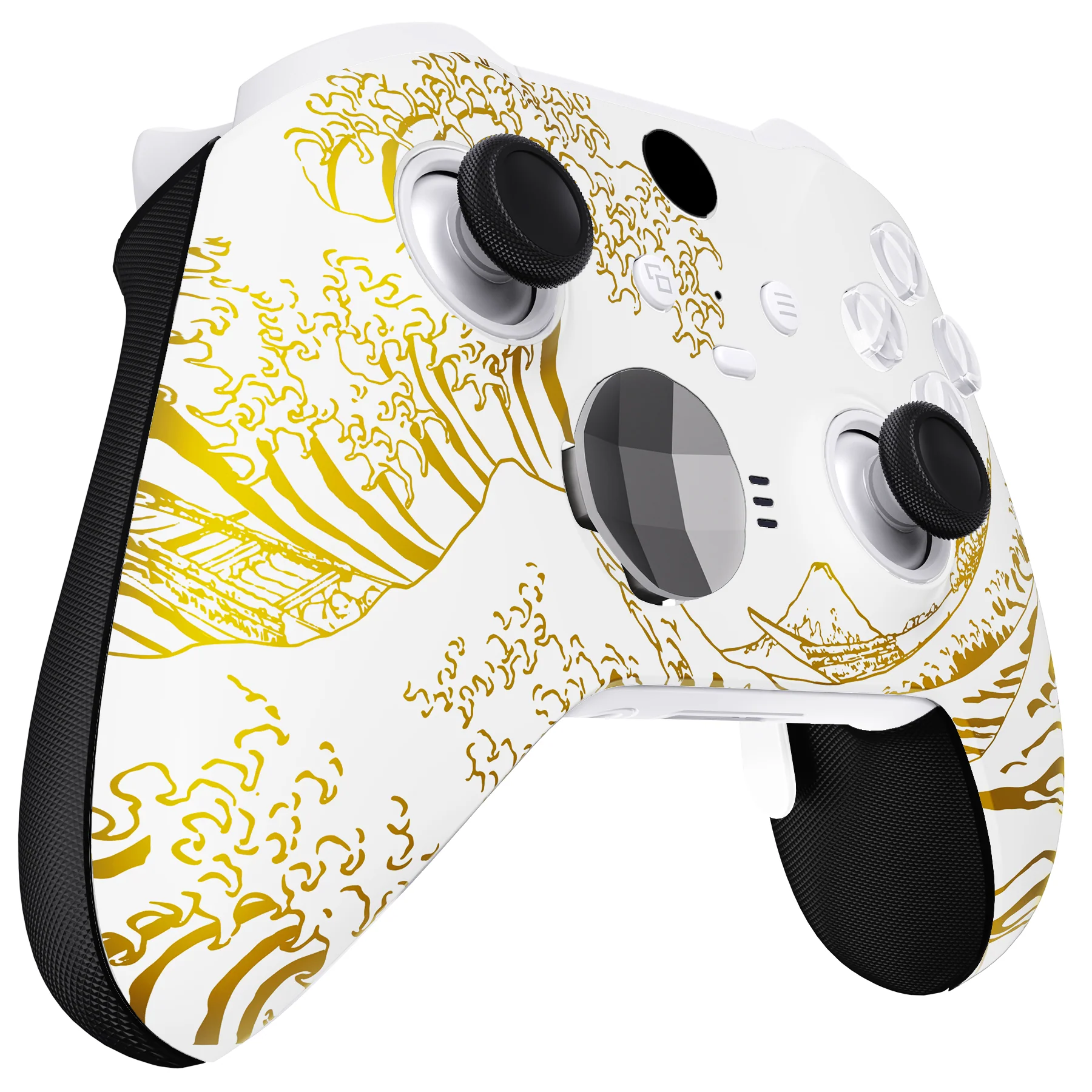 eXtremeRate Replacement Front Housing Shell Case with Accent Rings for Xbox One Elite Series 2 & Elite 2 Core Controller (Model 1797) - The Great GOLDEN Wave Off Kanagawa - White - Image 6