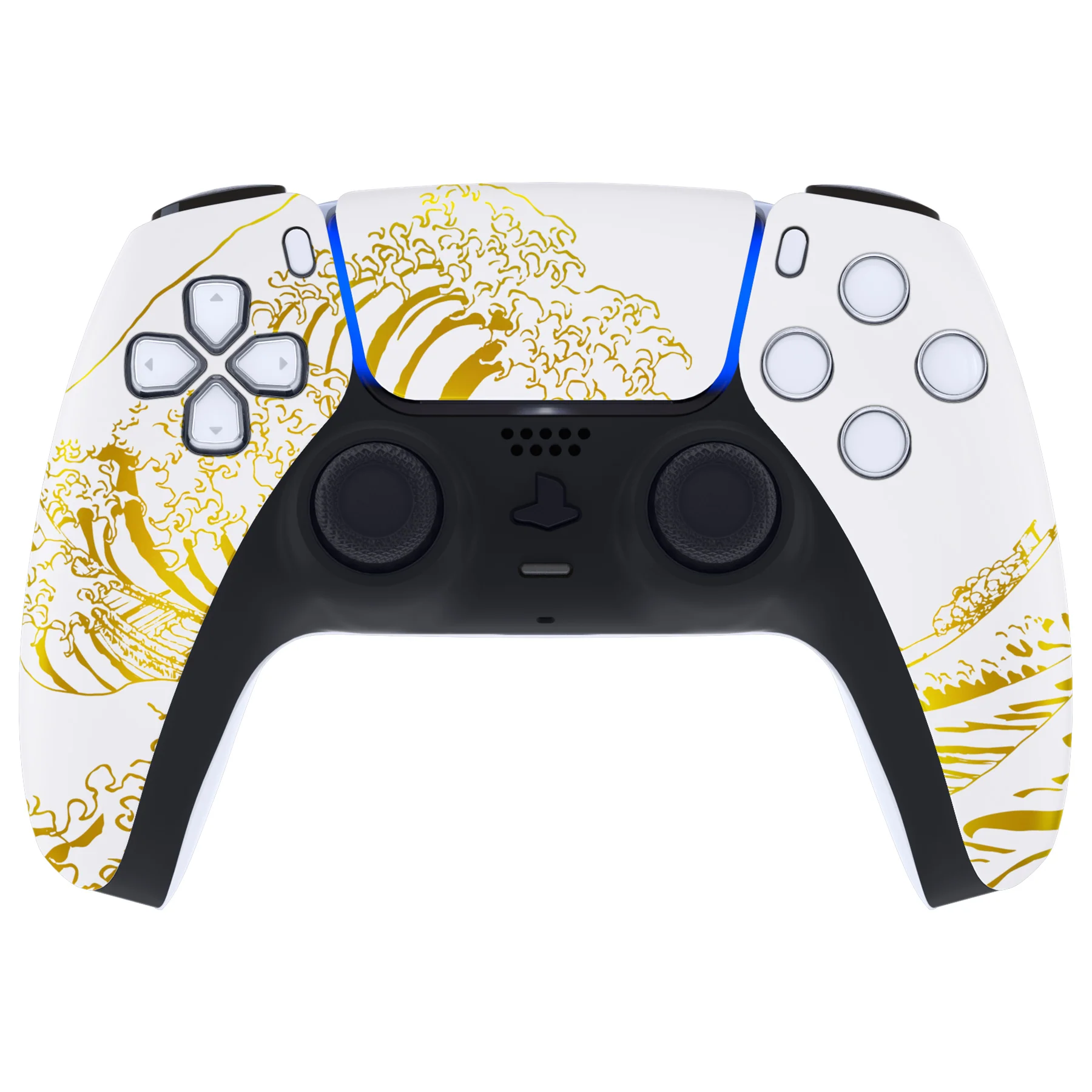 eXtremeRate Replacement Front Housing Shell with Touchpad Compatible with PS5 Controller BDM-010/020/030/040/050/060 - The Great GOLDEN Wave Off Kanagawa - White - Image 2