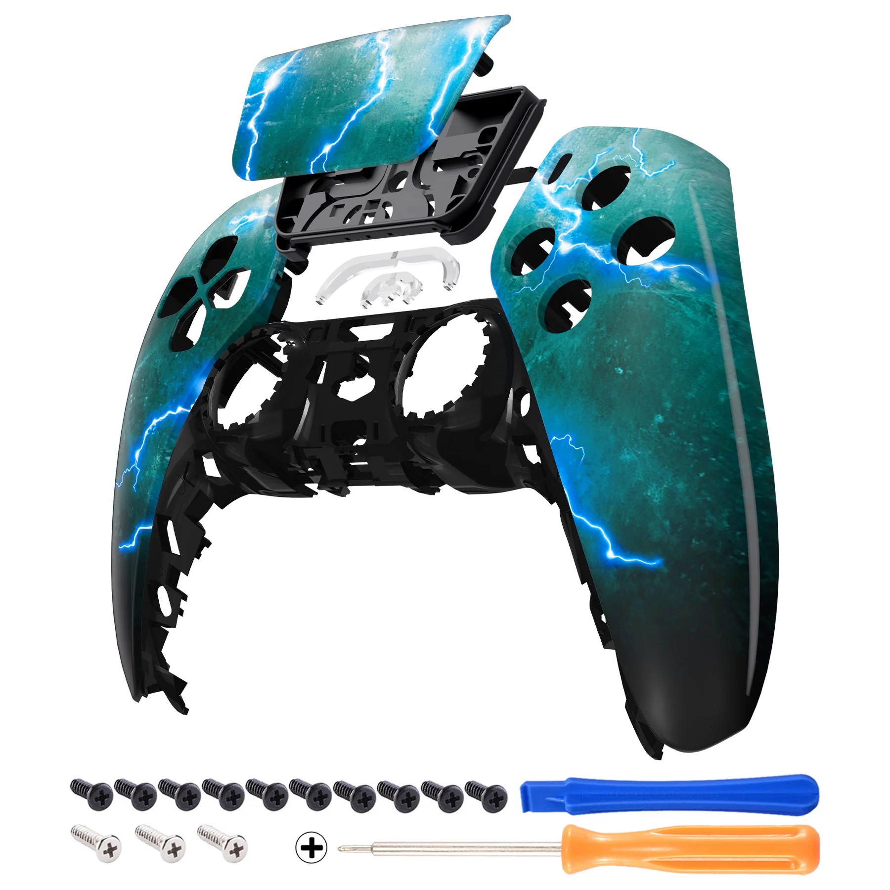 eXtremeRate Replacement Front Housing Shell with Touchpad Compatible with PS5 Controller BDM-010/020/030/040/050 - Green Storm Thunder - Image 7