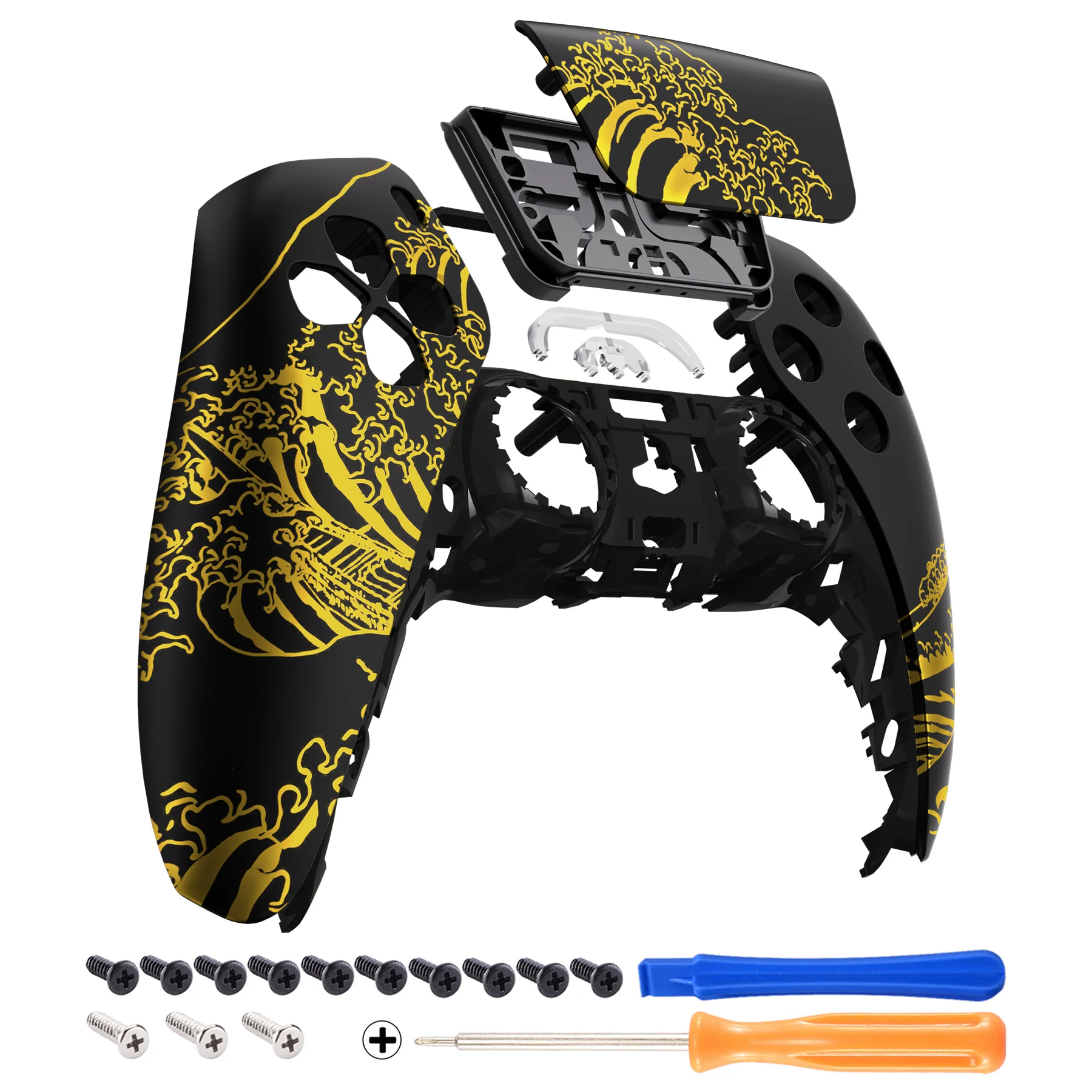 eXtremeRate Replacement Front Housing Shell with Touchpad Compatible with PS5 Controller BDM-010/020/030/040/050/060 - The Great GOLDEN Wave Off Kanagawa - Black - Image 7