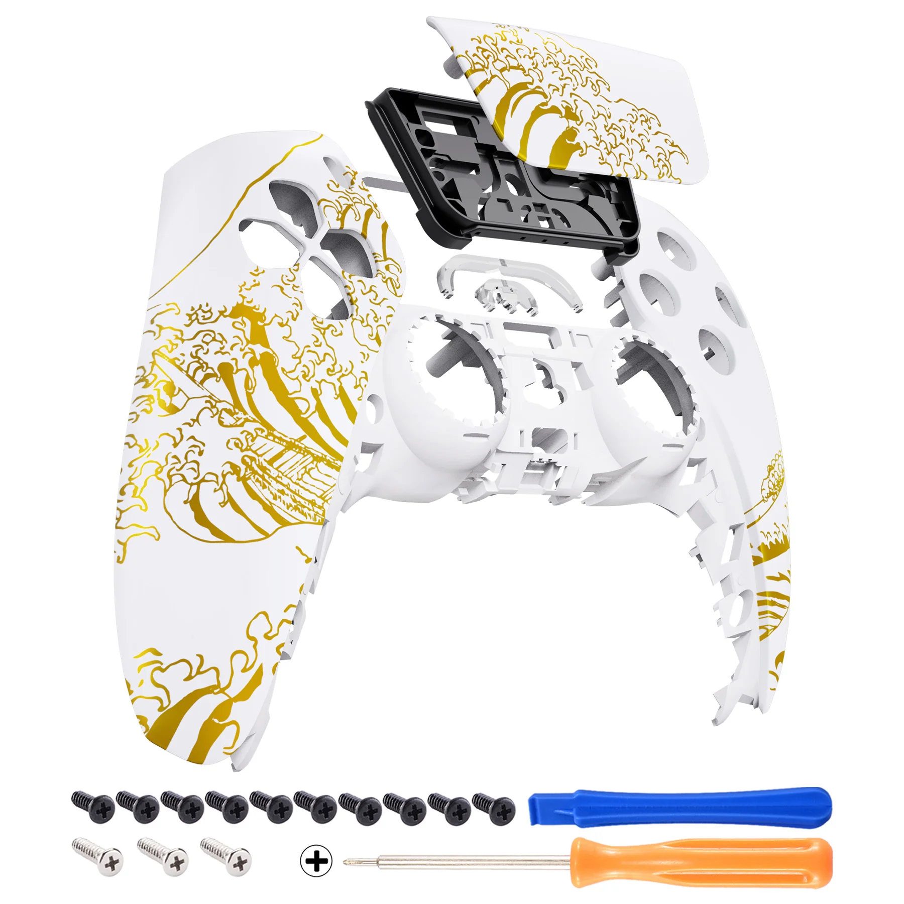eXtremeRate Replacement Front Housing Shell with Touchpad Compatible with PS5 Controller BDM-010/020/030/040/050 - The Great GOLDEN Wave Off Kanagawa - White - Image 7