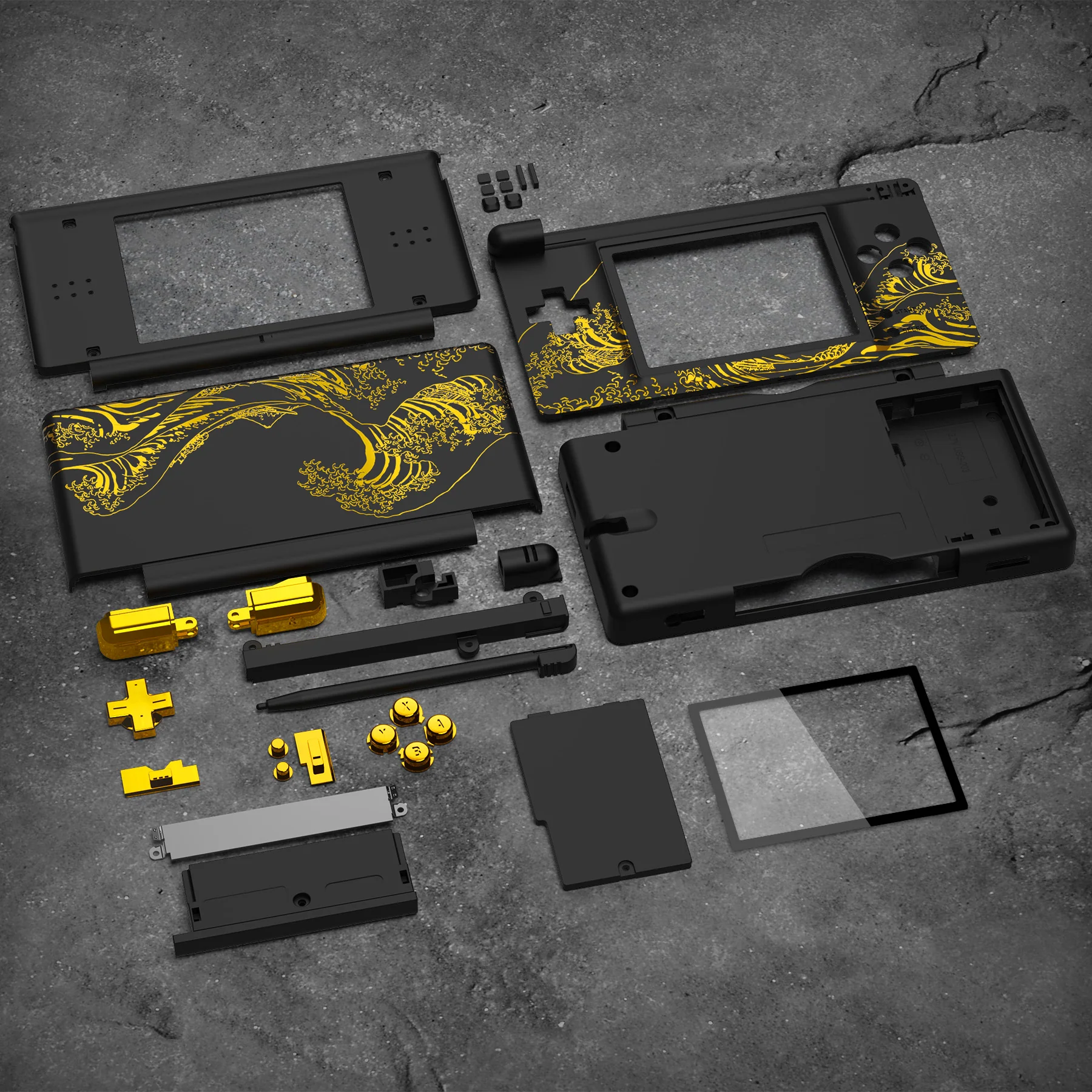 eXtremeRate Replacement Full Housing Shell & Buttons with Screen Lens for Nintendo DS Lite NDSL - The Great GOLDEN Wave Off Kanagawa - Black - Image 6