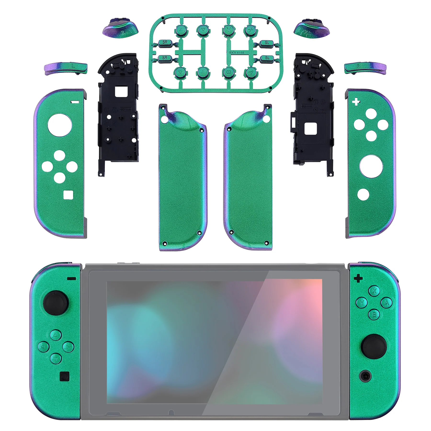 eXtremeRate Replacement Full Set Shell Case with Buttons for Joycon of NS Switch - Chameleon Green Purple - Image 3