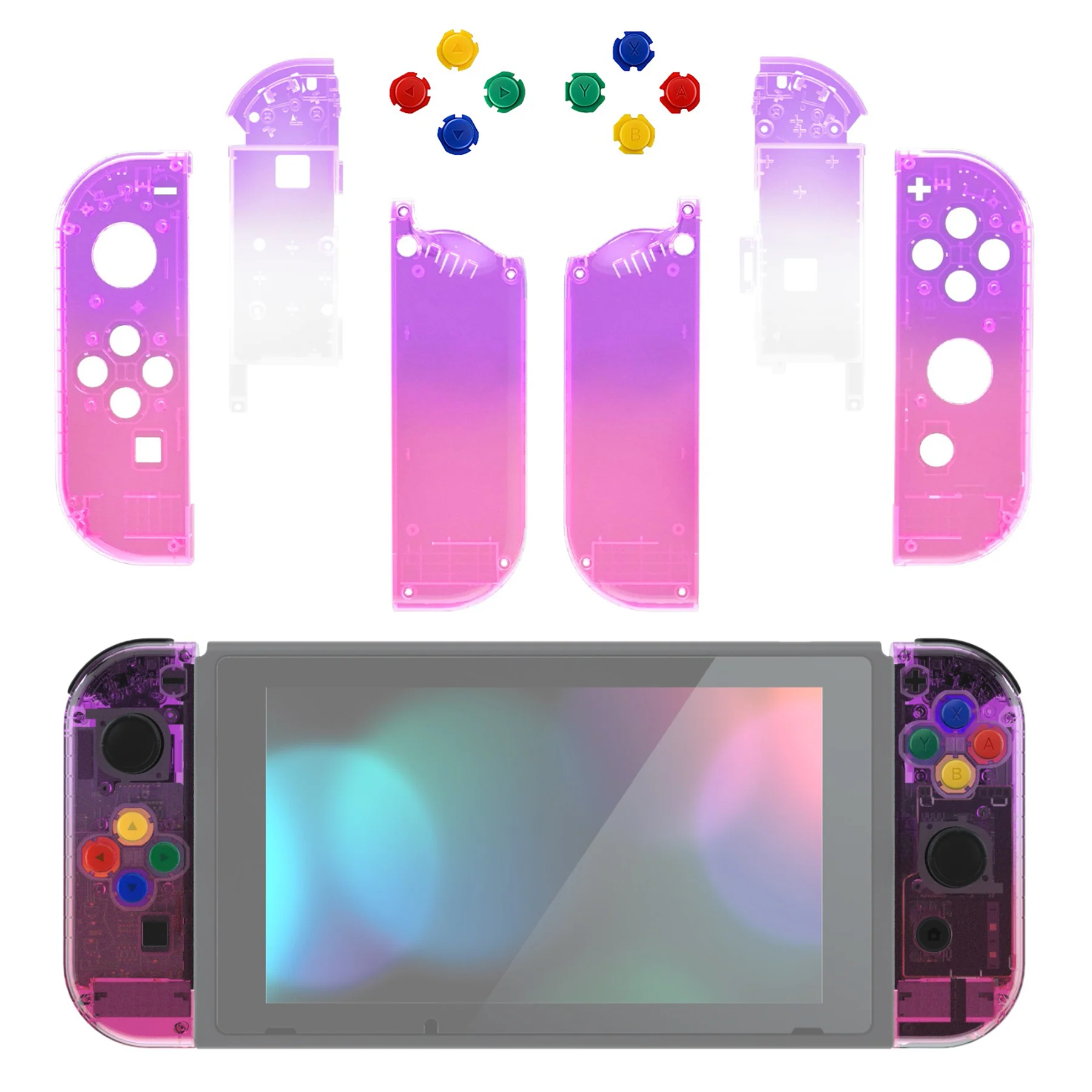 eXtremeRate Replacement Full Set Shell Case with Buttons for Joycon of NS Switch - Clear Atomic Purple Rose Red - Image 3