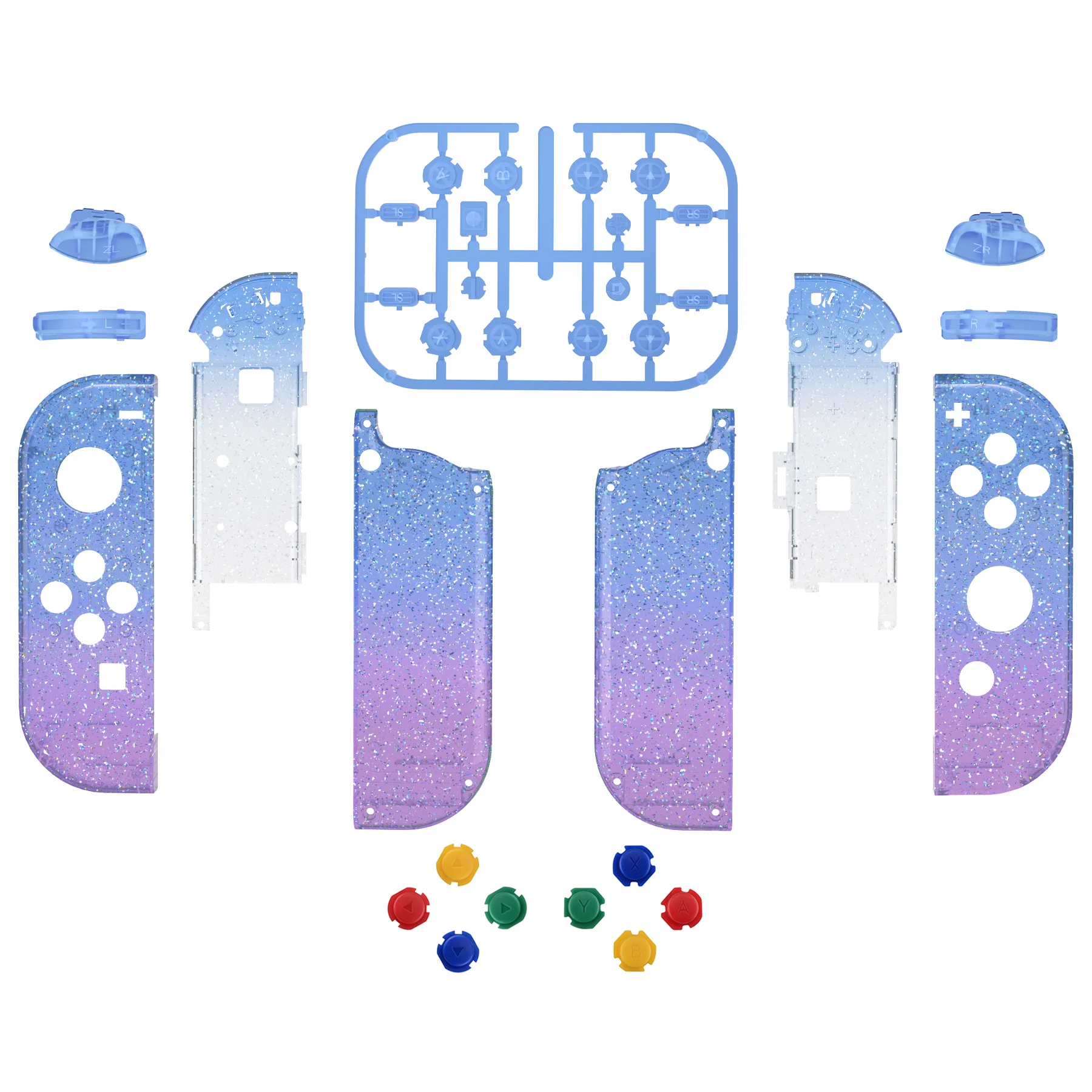 eXtremeRate Replacement Full Set Shell Case with Buttons for Joycon of NS Switch - Glitter Gradient Translucent Bluebell - Image 2