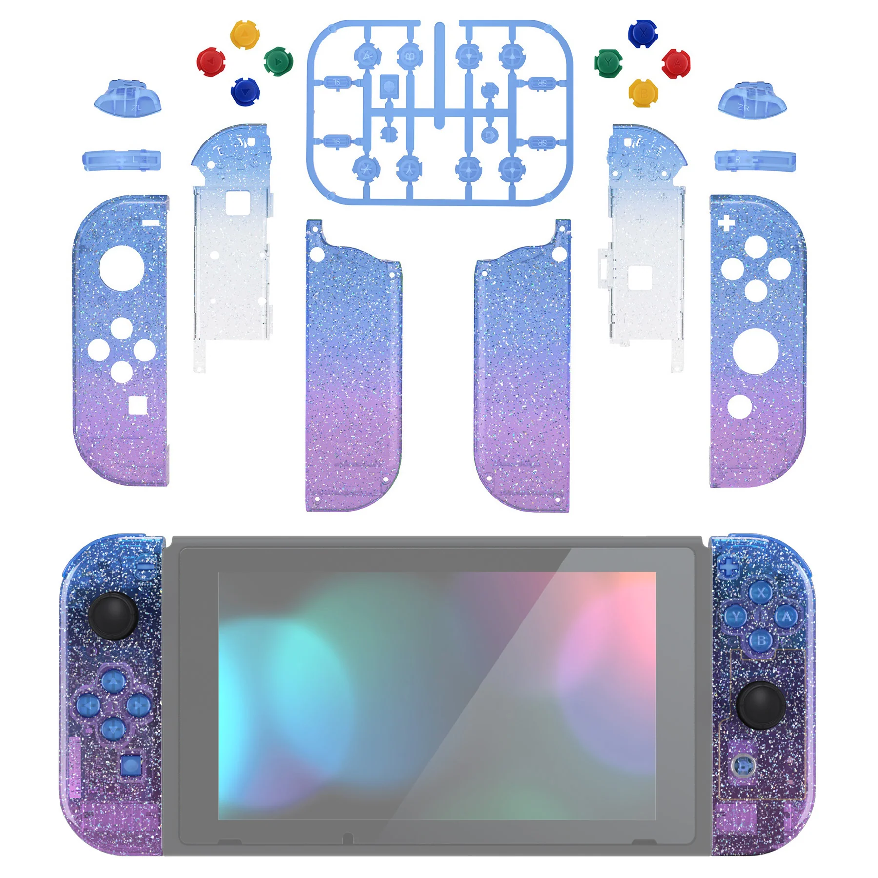 eXtremeRate Replacement Full Set Shell Case with Buttons for Joycon of NS Switch - Glitter Gradient Translucent Bluebell - Image 3