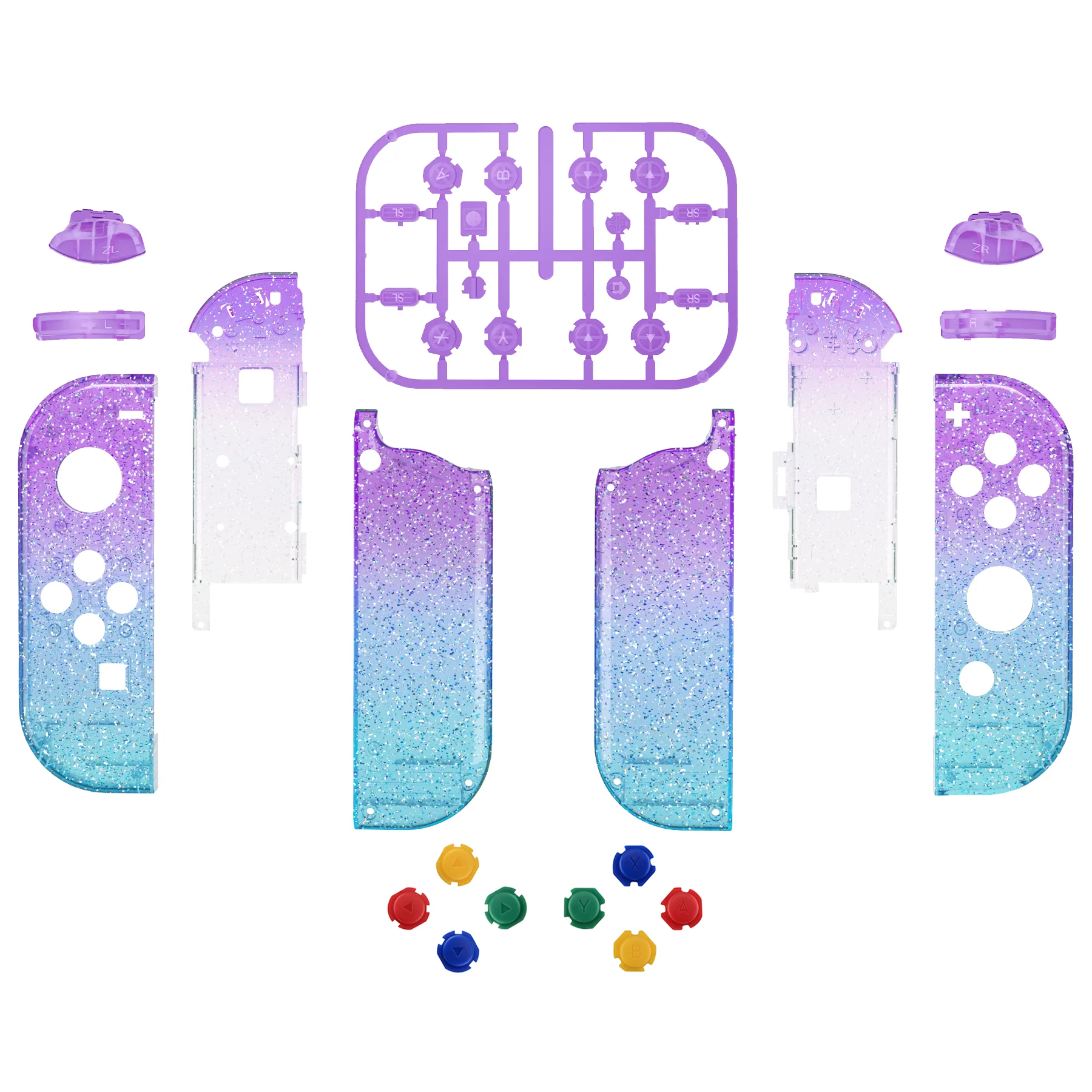 eXtremeRate Replacement Full Set Shell Case with Buttons for Joycon of NS Switch - Glitter Gradient Translucent Bluebell & Blue - Image 2