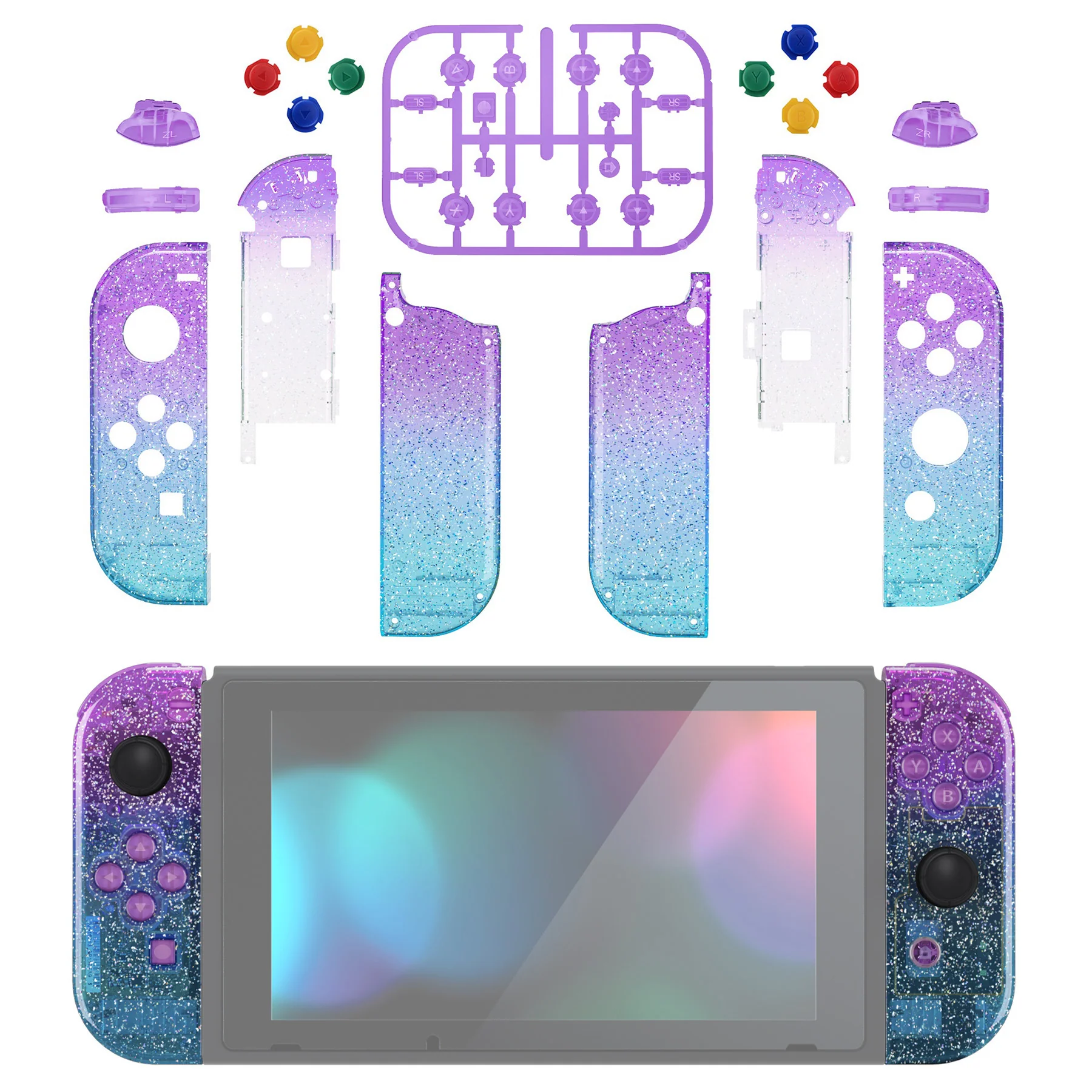eXtremeRate Replacement Full Set Shell Case with Buttons for Joycon of NS Switch - Glitter Gradient Translucent Bluebell & Blue - Image 3