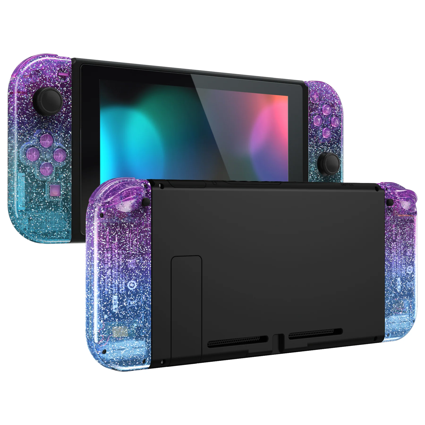 eXtremeRate Replacement Full Set Shell Case with Buttons for Joycon of NS Switch - Glitter Gradient Translucent Bluebell & Blue - Image 5