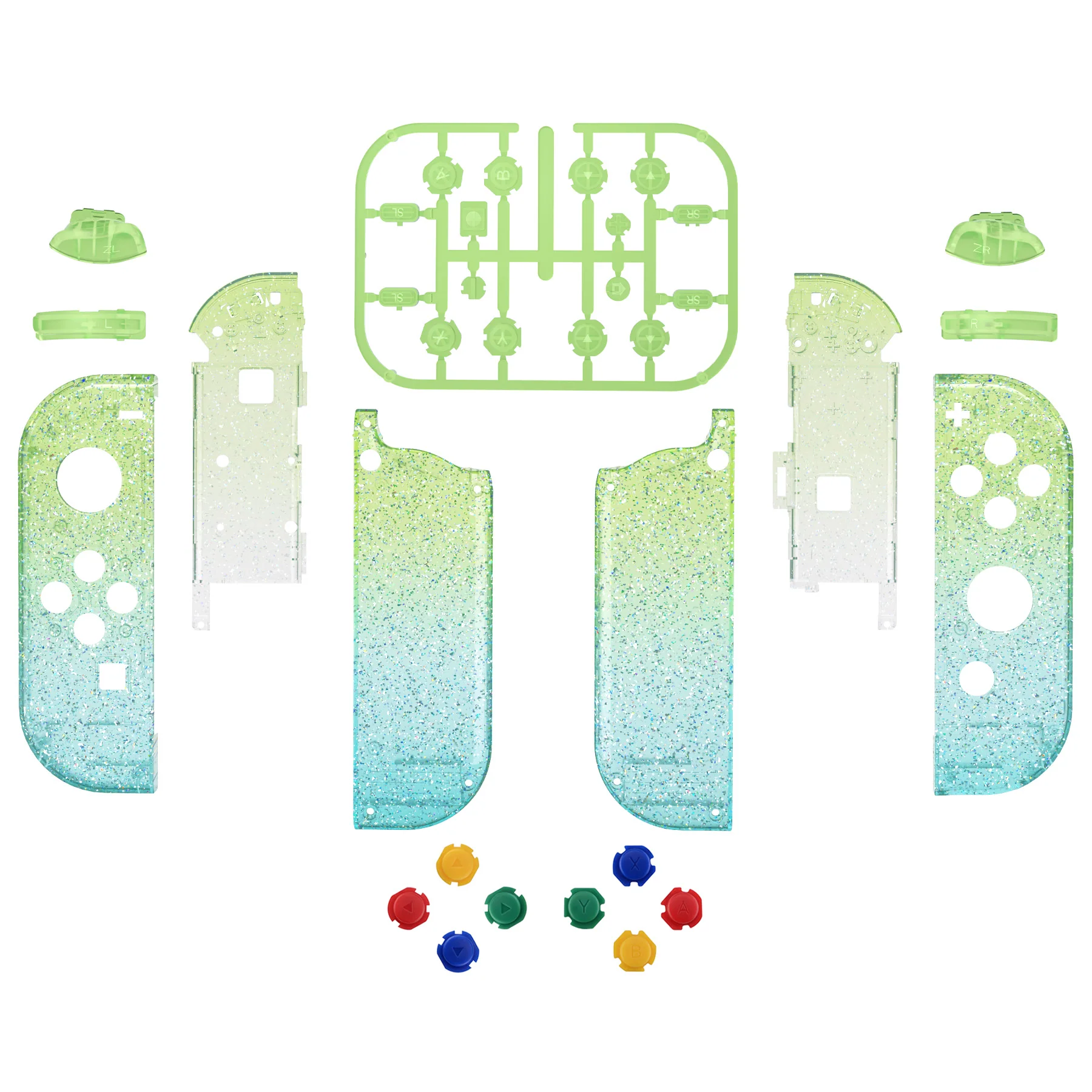 eXtremeRate Replacement Full Set Shell Case with Buttons for Joycon of NS Switch - Glitter Gradient Translucent Green Blue - Image 2