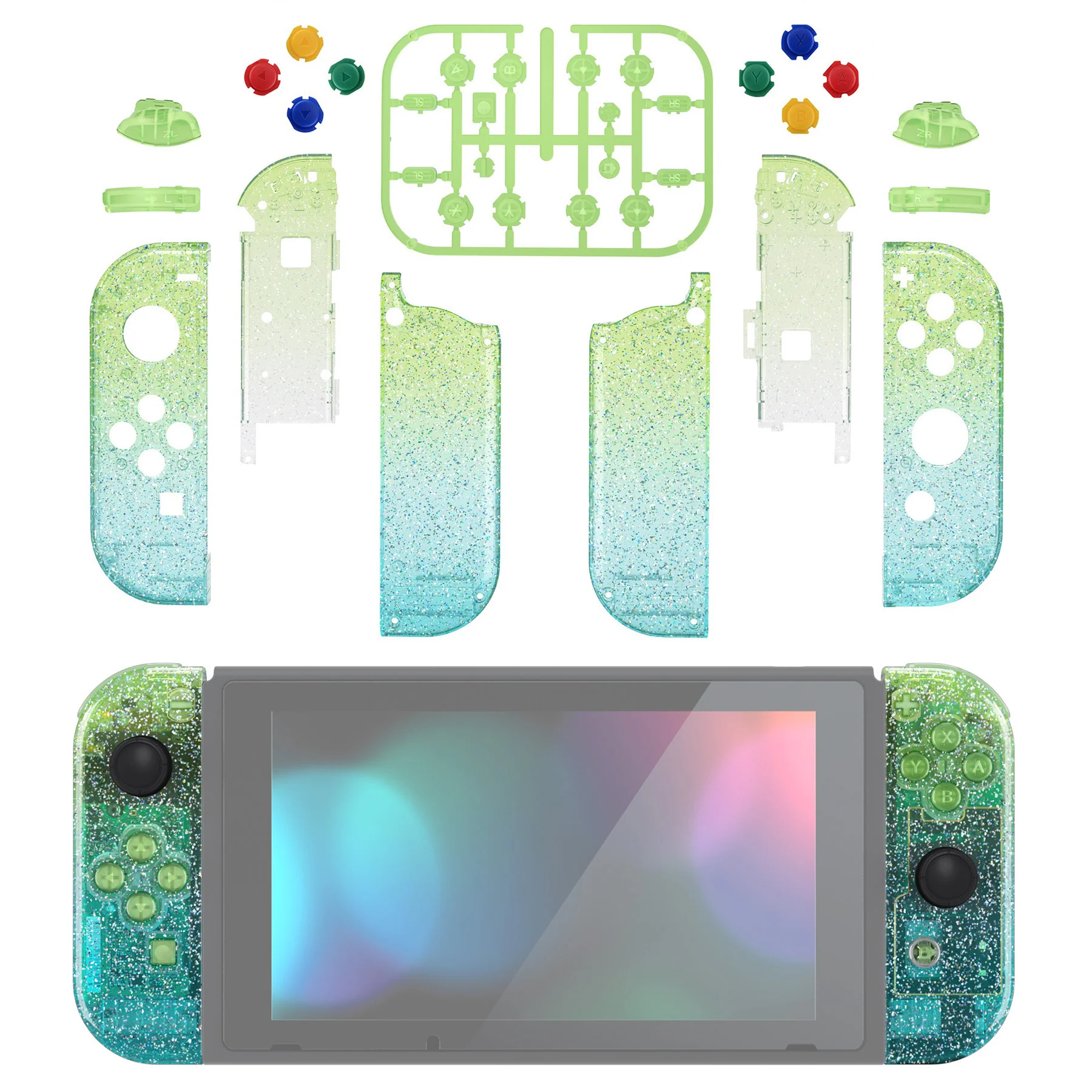 eXtremeRate Replacement Full Set Shell Case with Buttons for Joycon of NS Switch - Glitter Gradient Translucent Green Blue - Image 3