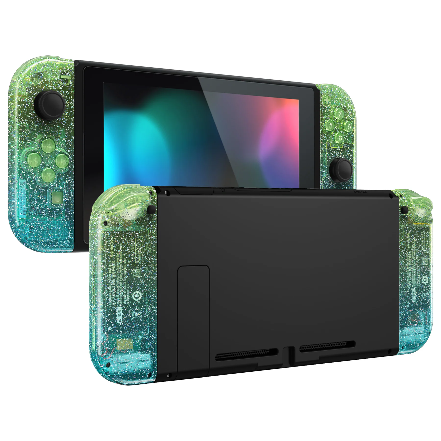 eXtremeRate Replacement Full Set Shell Case with Buttons for Joycon of NS Switch - Glitter Gradient Translucent Green Blue - Image 4