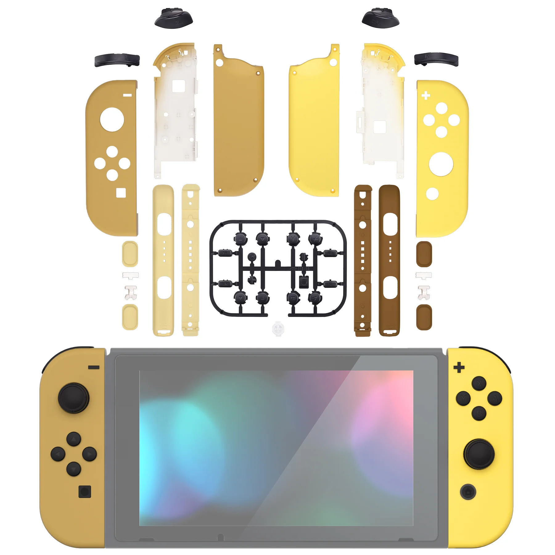 eXtremeRate Replacement Full Set Shell Case with Buttons & Wrist Strap Cover for Joycon of NS Switch - Monsters Brown & Yellow - Image 3