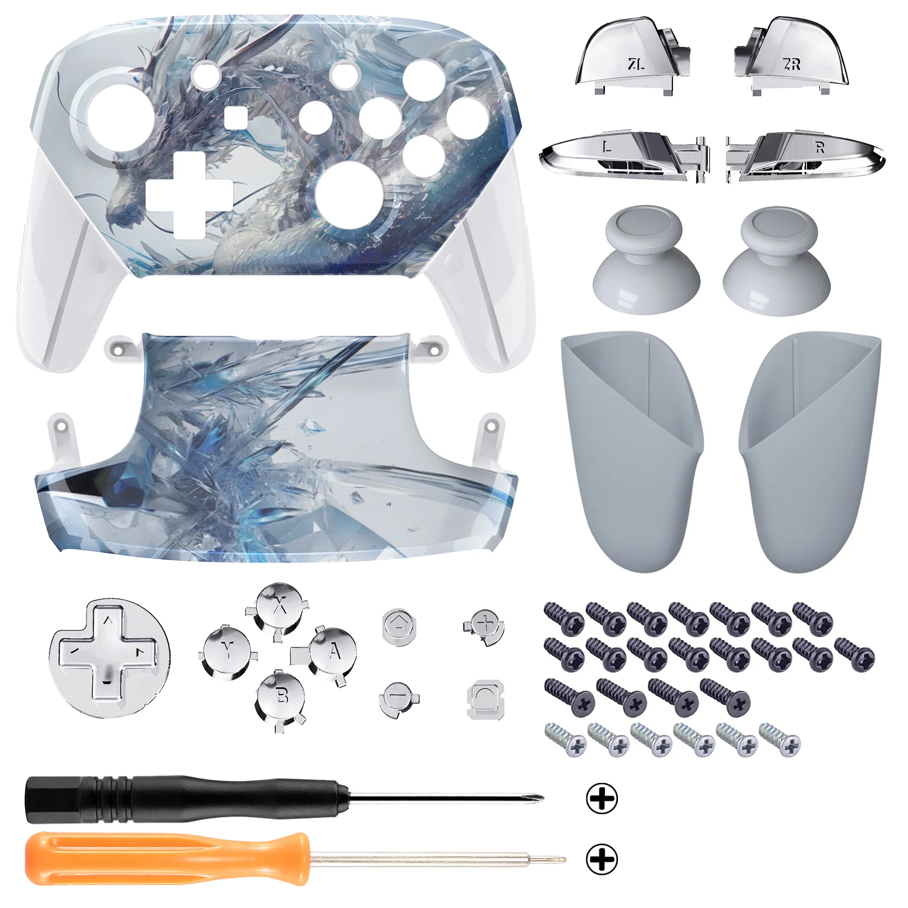 eXtremeRate Replacement Full Set Shell Faceplate Backplate Handles with Button Kit for Nintendo Switch Pro - Crystal Dragon - Image 2