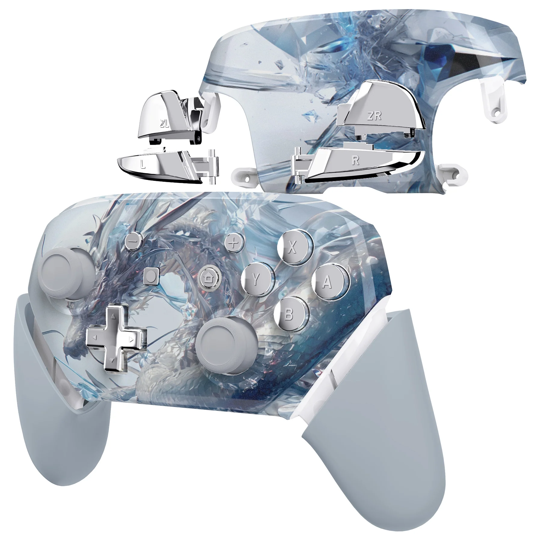eXtremeRate Replacement Full Set Shell Faceplate Backplate Handles with Button Kit for Nintendo Switch Pro - Crystal Dragon - Image 5