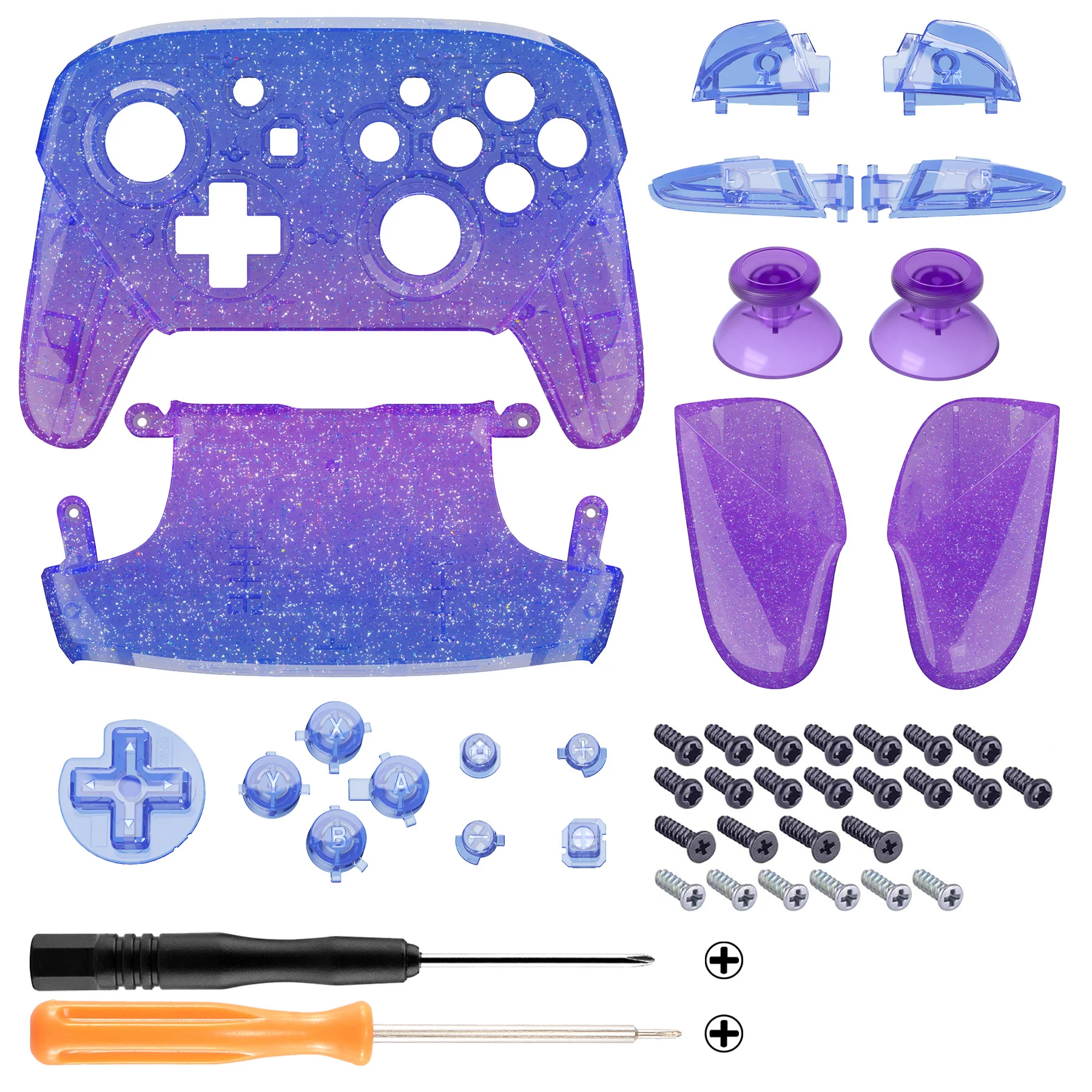 eXtremeRate Replacement Full Set Shell Faceplate Backplate Handles with Button Kit for Nintendo Switch Pro - Glitter Gradient Translucent Bluebell - Image 2