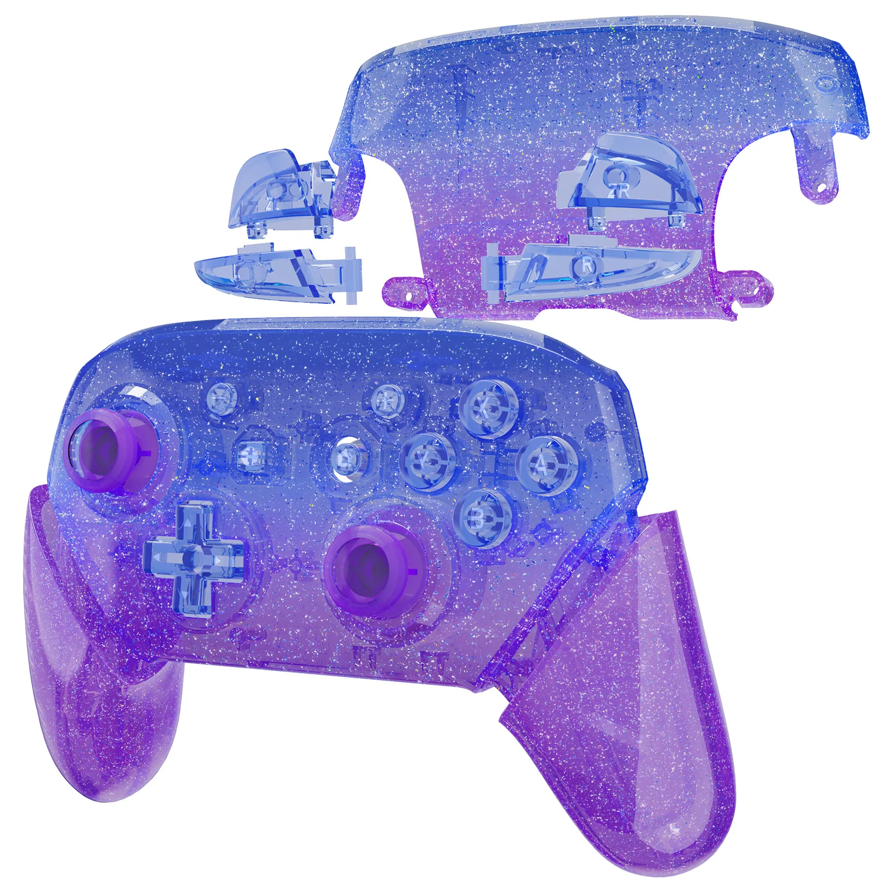 eXtremeRate Replacement Full Set Shell Faceplate Backplate Handles with Button Kit for Nintendo Switch Pro - Glitter Gradient Translucent Bluebell - Image 5