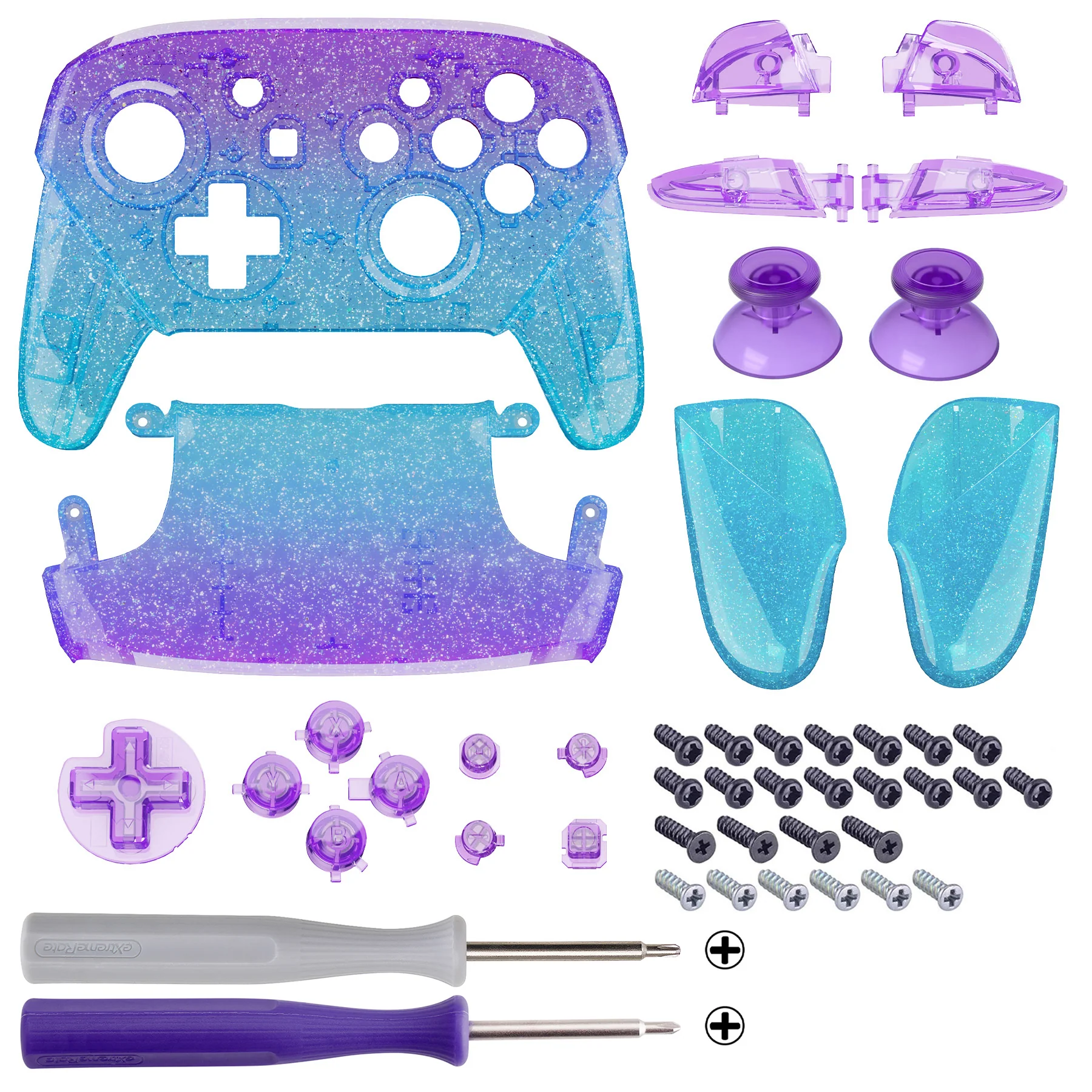 eXtremeRate Replacement Full Set Shell Faceplate Backplate Handles with Button Kit for Nintendo Switch Pro - Glitter Gradient Translucent Bluebell & Blue - Image 2