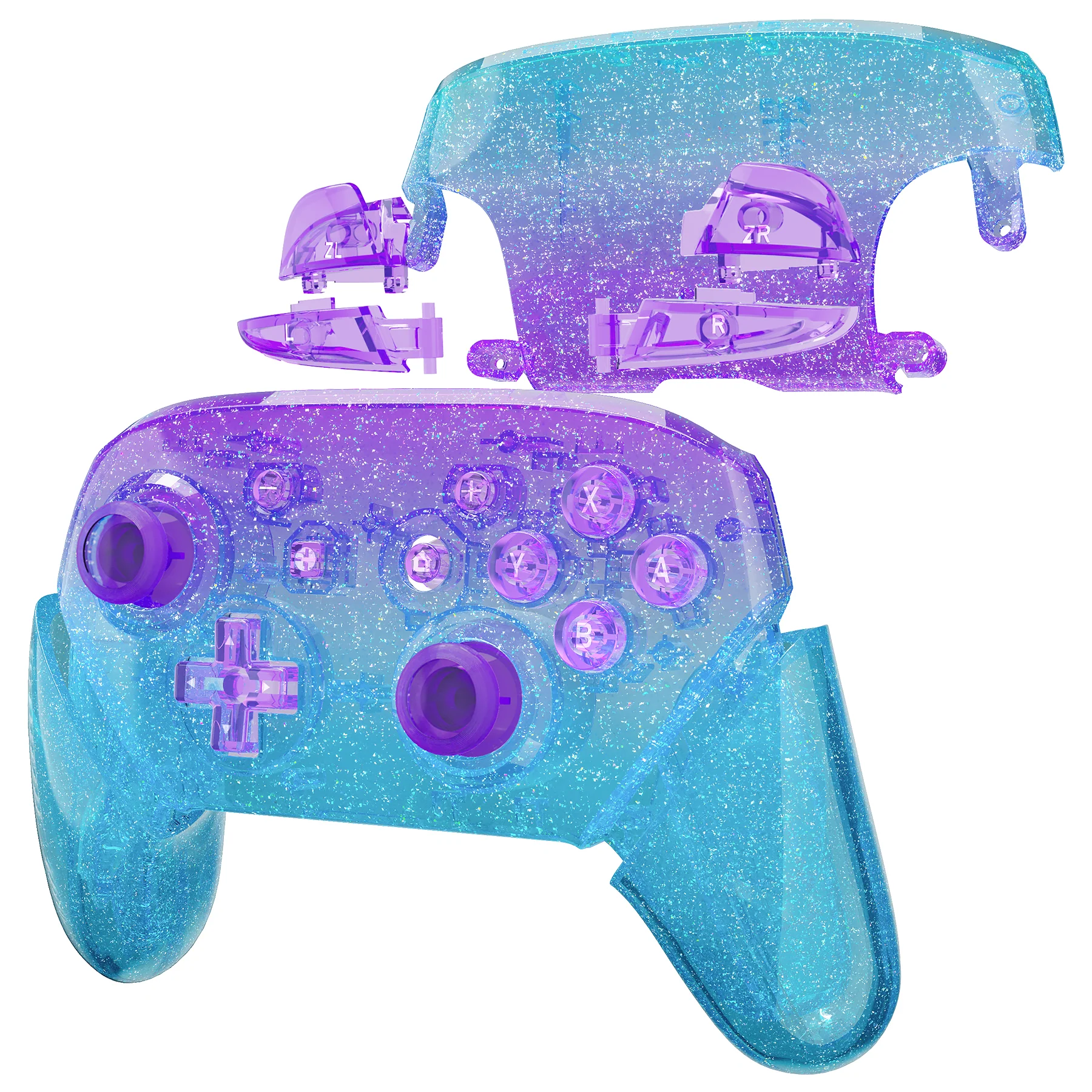eXtremeRate Replacement Full Set Shell Faceplate Backplate Handles with Button Kit for Nintendo Switch Pro - Glitter Gradient Translucent Bluebell & Blue - Image 5