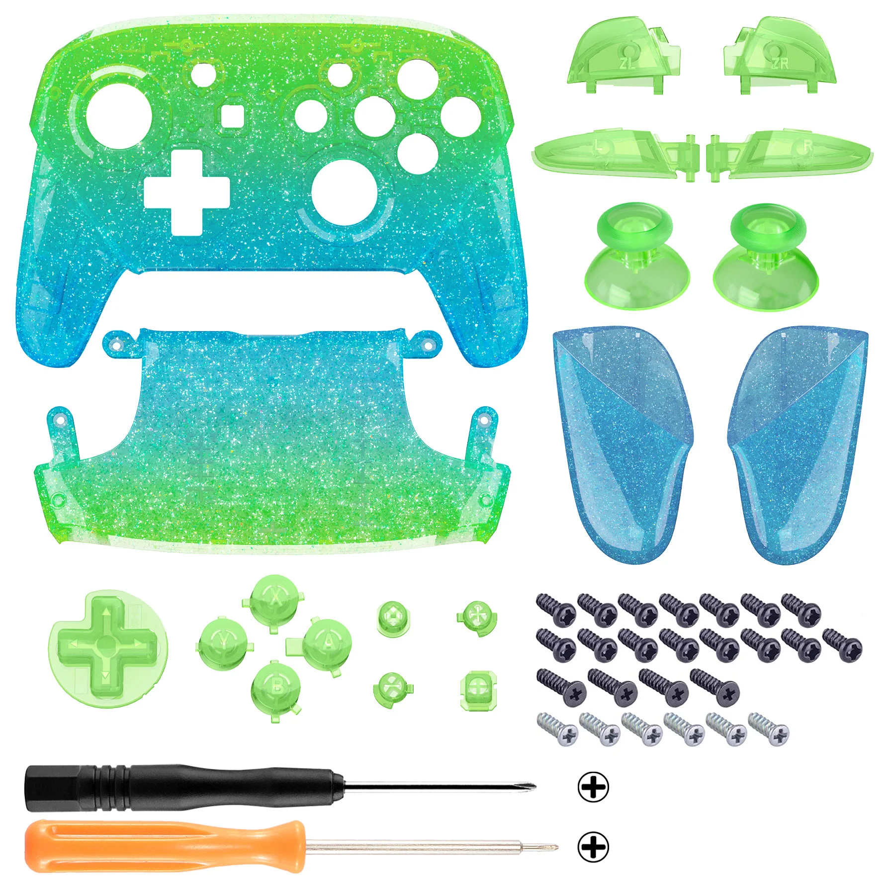 eXtremeRate Replacement Full Set Shell Faceplate Backplate Handles with Button Kit for Nintendo Switch Pro - Glitter Gradient Translucent Green Blue - Image 2
