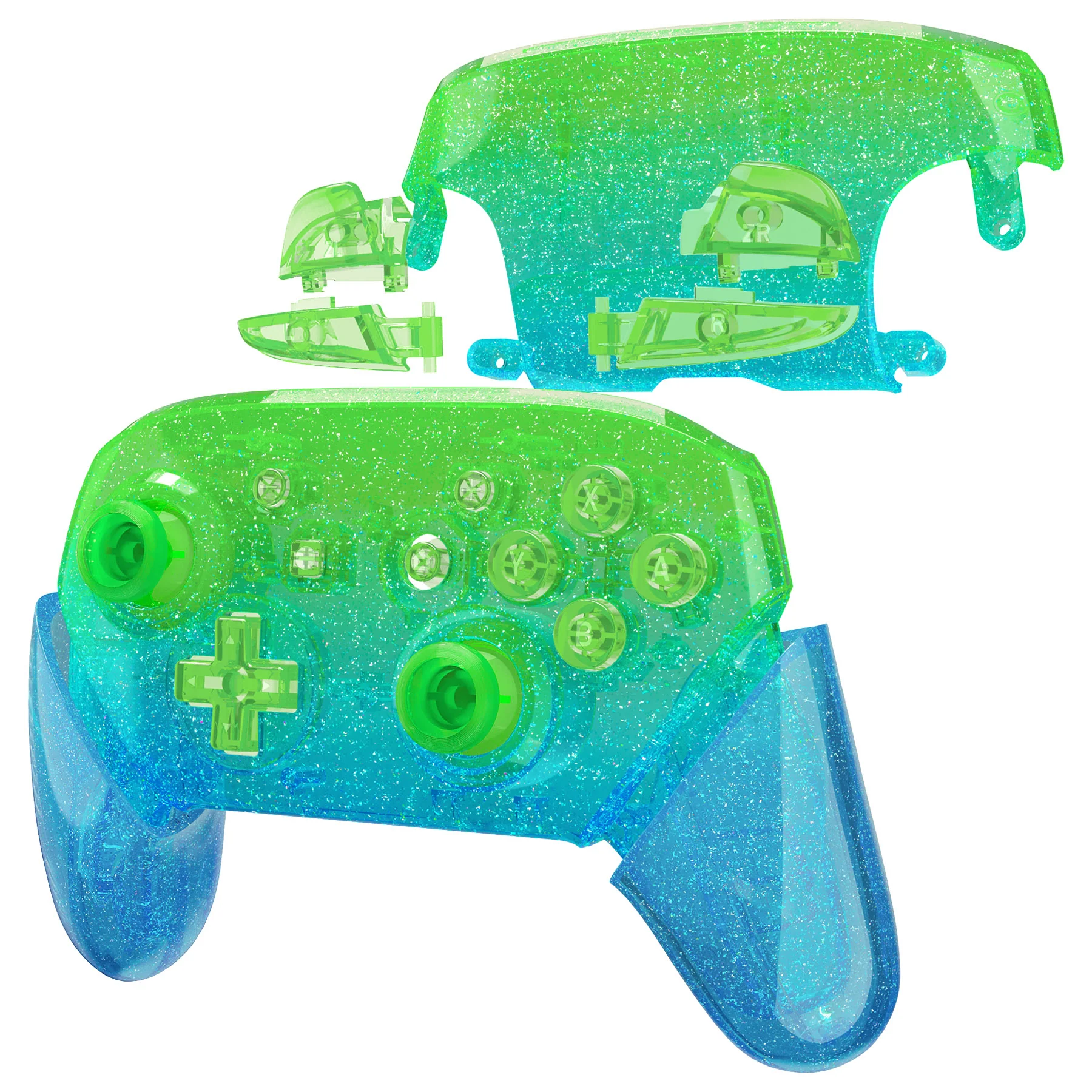 eXtremeRate Replacement Full Set Shell Faceplate Backplate Handles with Button Kit for Nintendo Switch Pro - Glitter Gradient Translucent Green Blue - Image 5