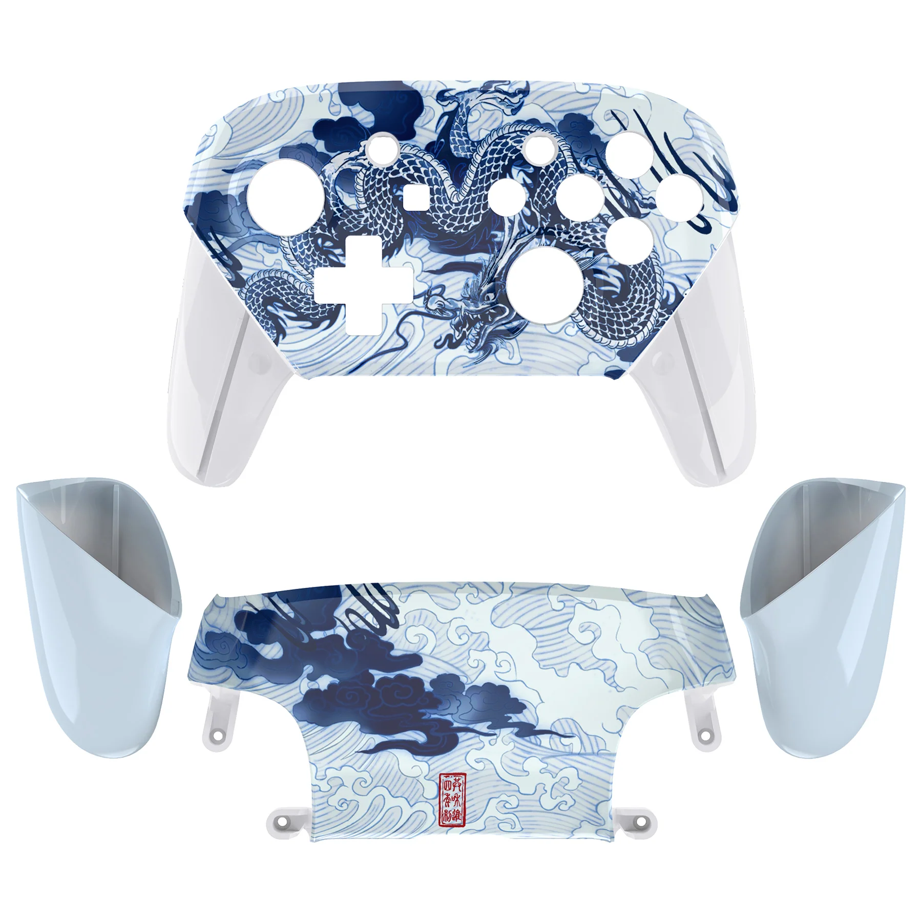 eXtremeRate Replacement Full Set Shell Faceplate Backplate Handles with Button Kit for Nintendo Switch Pro - Porcelain Dragon - Image 5