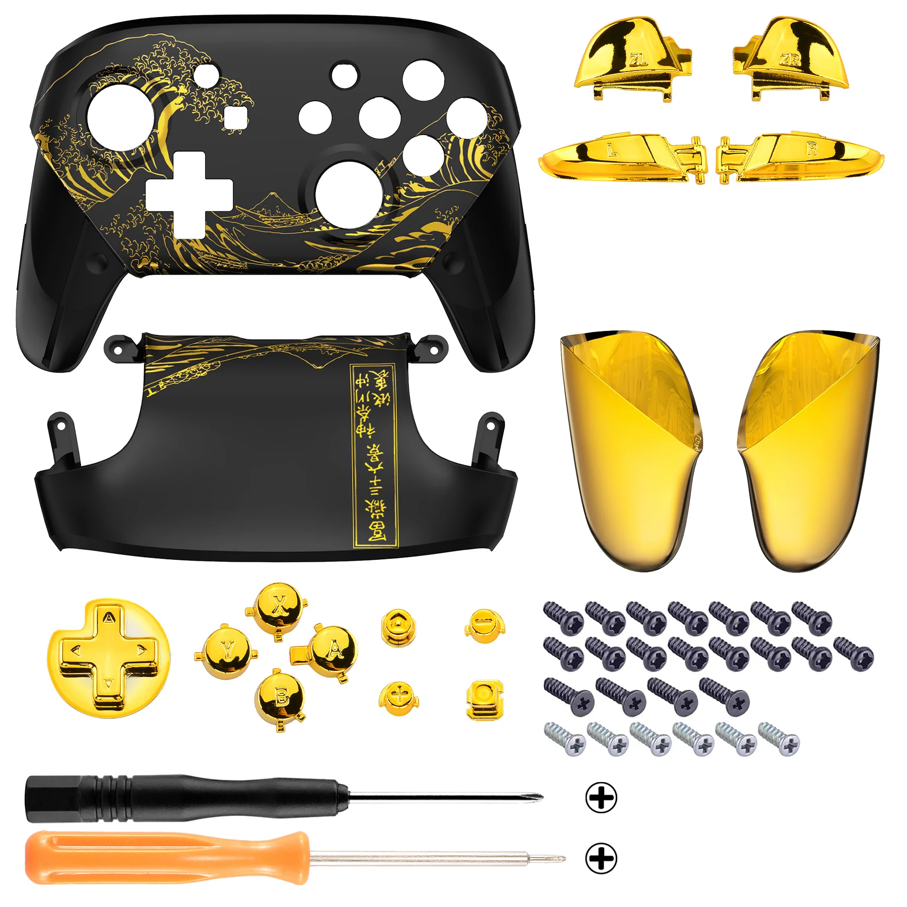 eXtremeRate Replacement Full Set Shell Faceplate Backplate Handles with Button Kit for Nintendo Switch Pro - The Great GOLDEN Wave Off Kanagawa - Black - Image 2