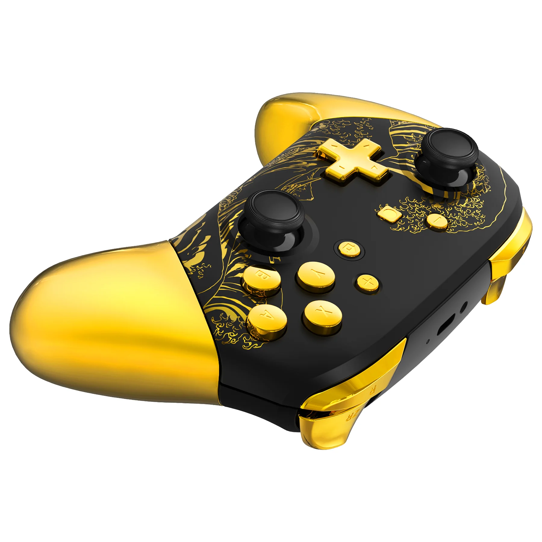 eXtremeRate Replacement Full Set Shell Faceplate Backplate Handles with Button Kit for Nintendo Switch Pro - The Great GOLDEN Wave Off Kanagawa - Black - Image 3