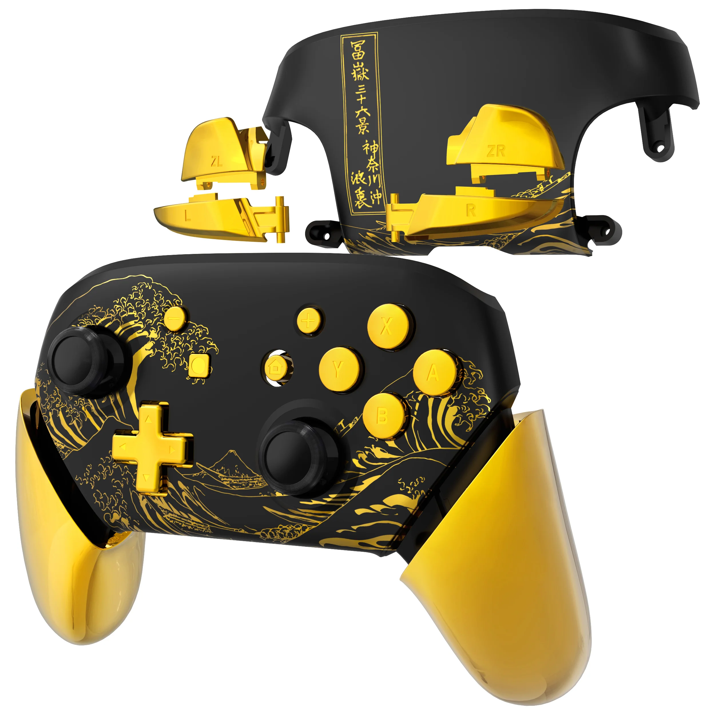 eXtremeRate Replacement Full Set Shell Faceplate Backplate Handles with Button Kit for Nintendo Switch Pro - The Great GOLDEN Wave Off Kanagawa - Black - Image 5