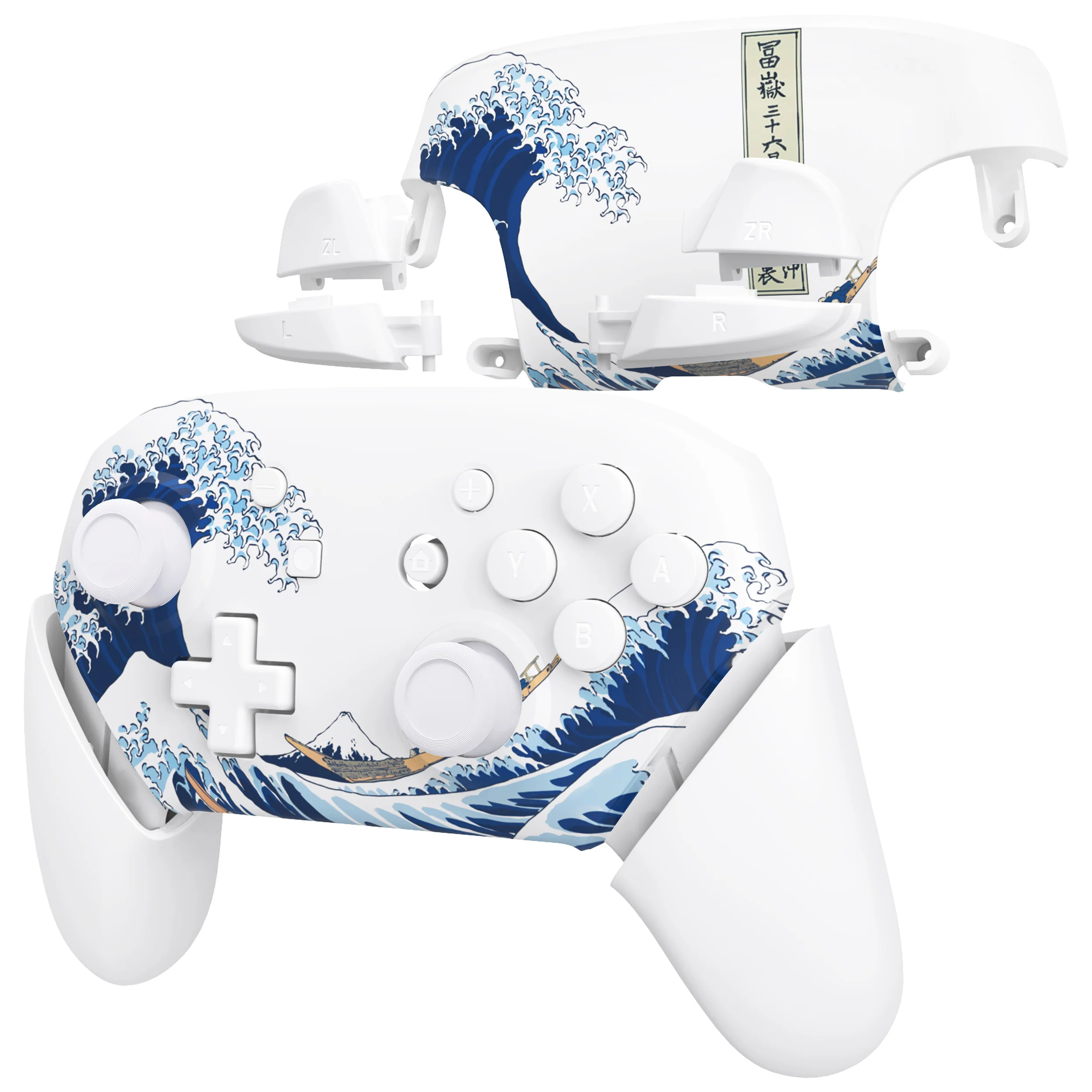 eXtremeRate Replacement Full Set Shell Faceplate Backplate Handles with Button Kit for Nintendo Switch Pro - The Great Wave Off Kanagawa - Image 5