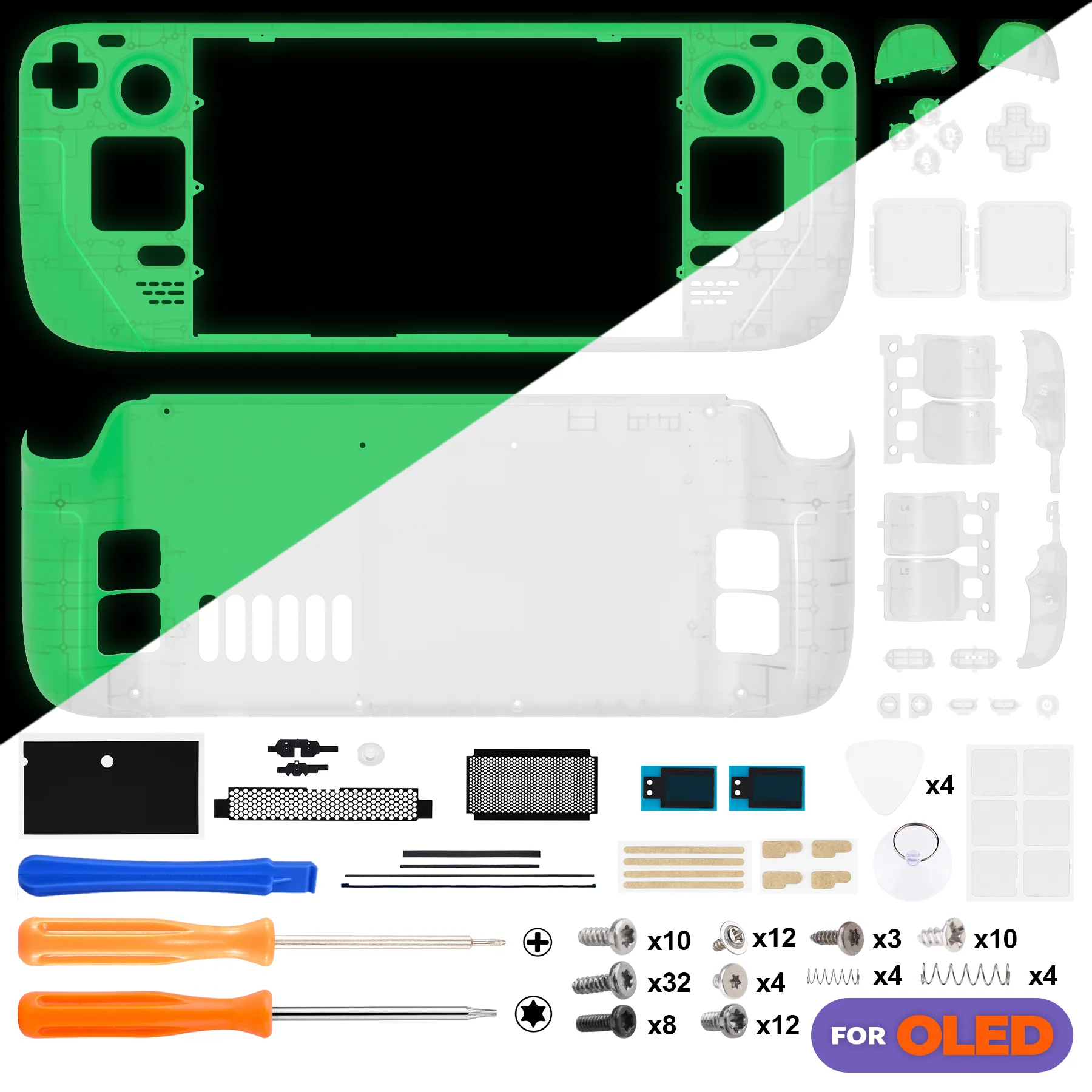 eXtremeRate Replacement Full Set Shell with Buttons for Steam Deck OLED - Glow in Dark - Green - Image 2