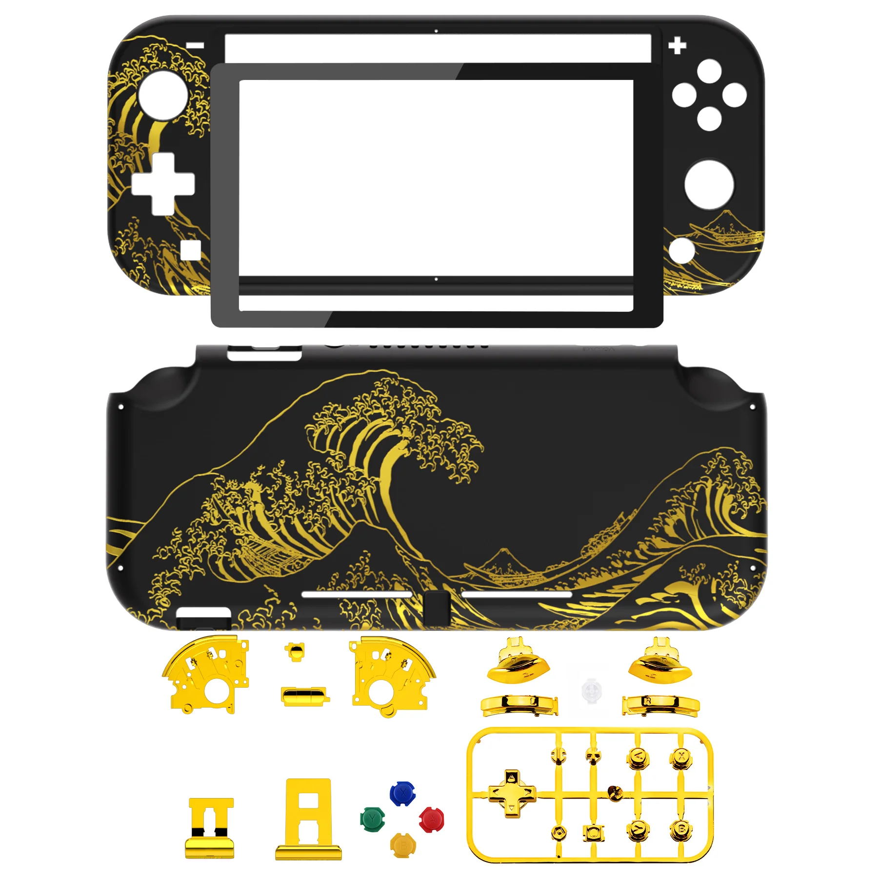 eXtremeRate Replacement Full Set Shells with ABXY Buttons & Screen Protector for Nintendo Switch Lite - The Great GOLDEN Wave Off Kanagawa - Black - Image 2