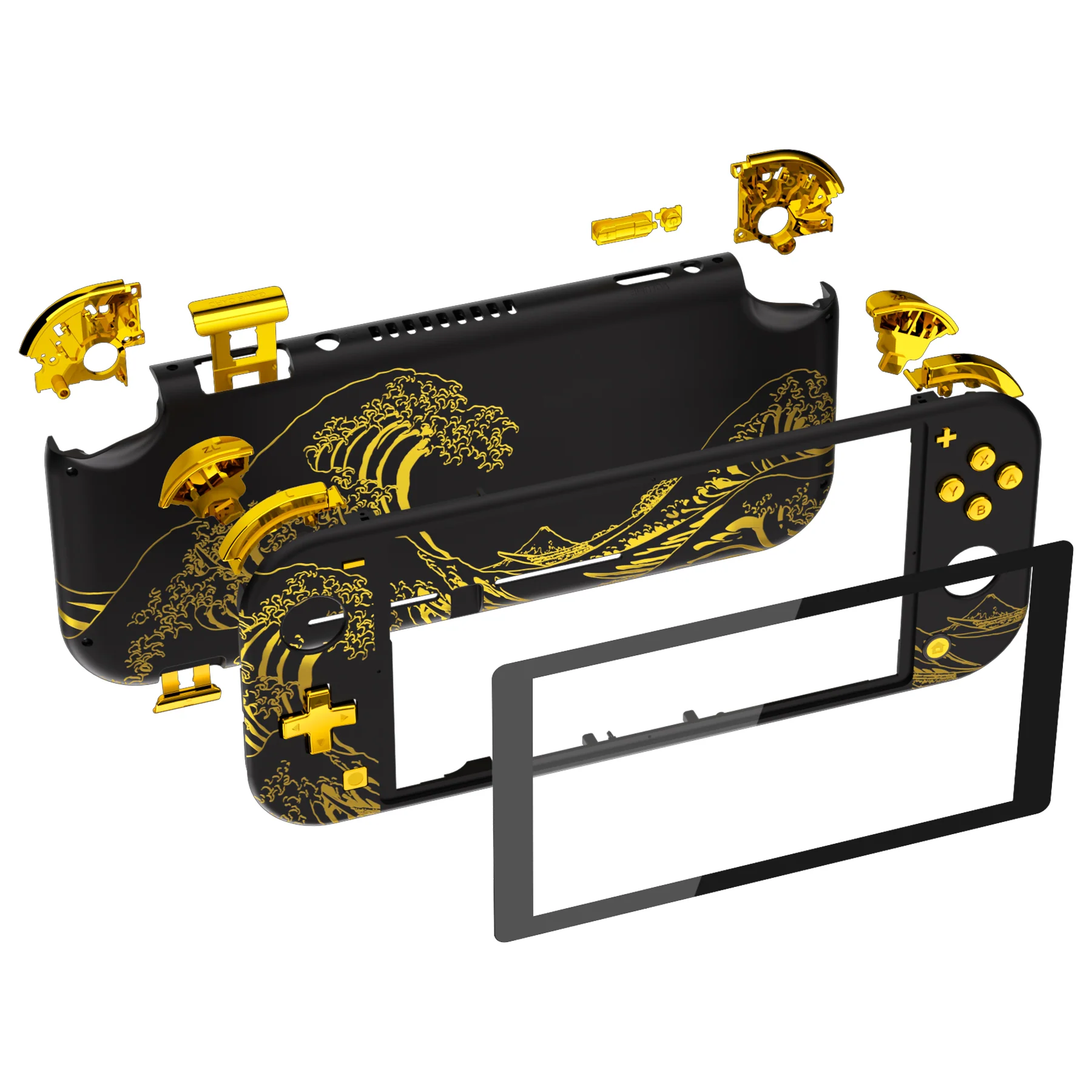 eXtremeRate Replacement Full Set Shells with ABXY Buttons & Screen Protector for Nintendo Switch Lite - The Great GOLDEN Wave Off Kanagawa - Black - Image 8