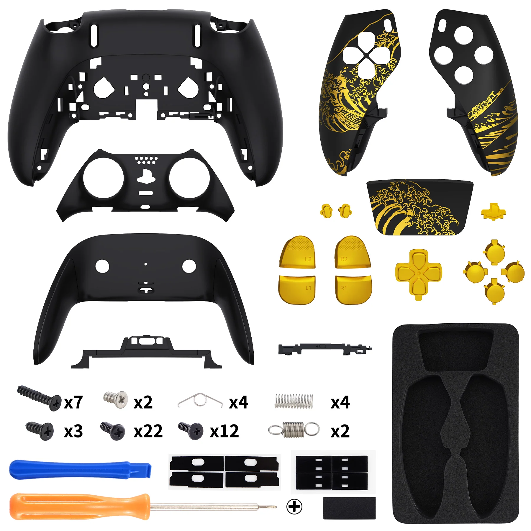 eXtremeRate Replacement Full Set Shells with Buttons Compatible with PS5 Edge Controller - The Great GOLDEN Wave Off Kanagawa - Black - Image 2