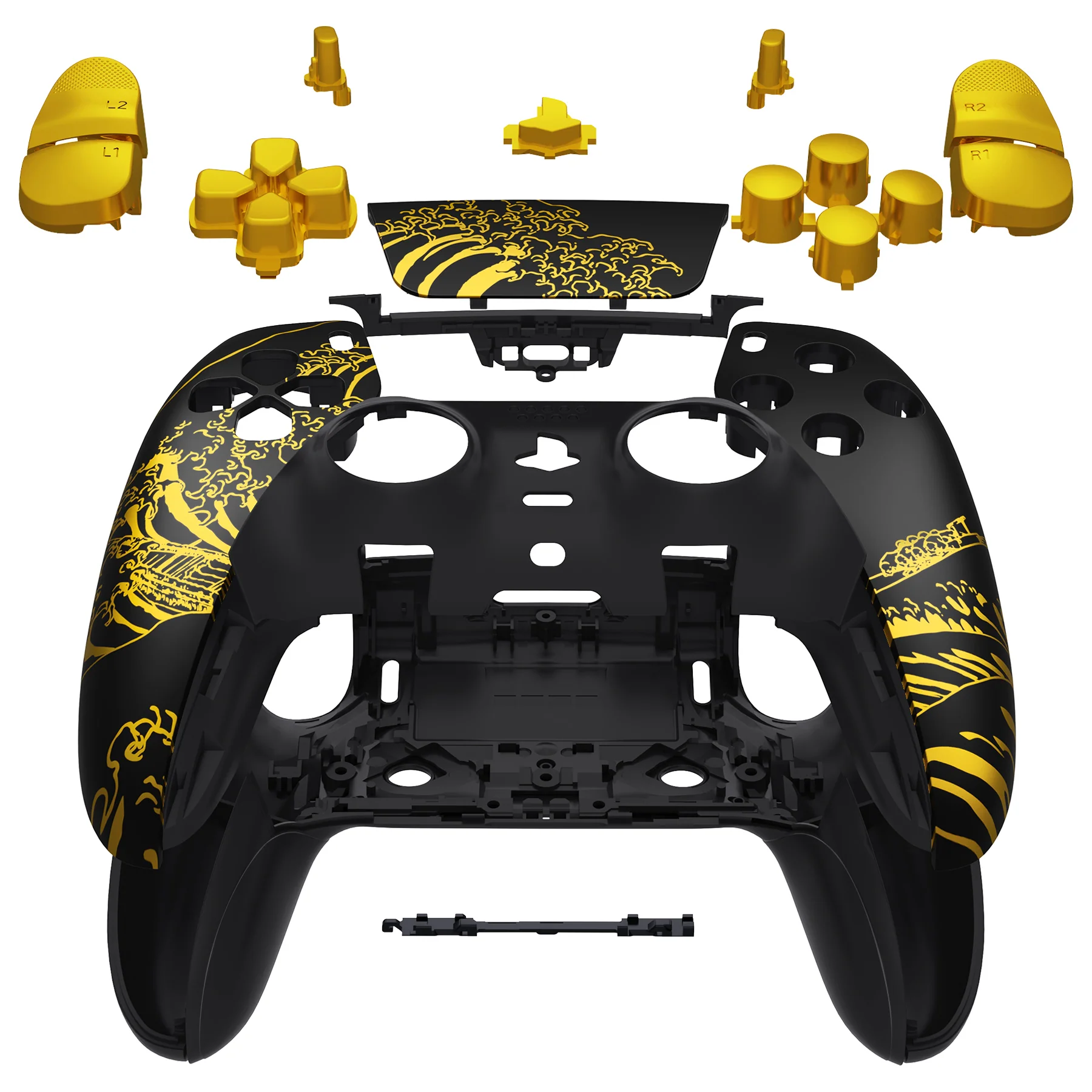 eXtremeRate Replacement Full Set Shells with Buttons Compatible with PS5 Edge Controller - The Great GOLDEN Wave Off Kanagawa - Black - Image 3