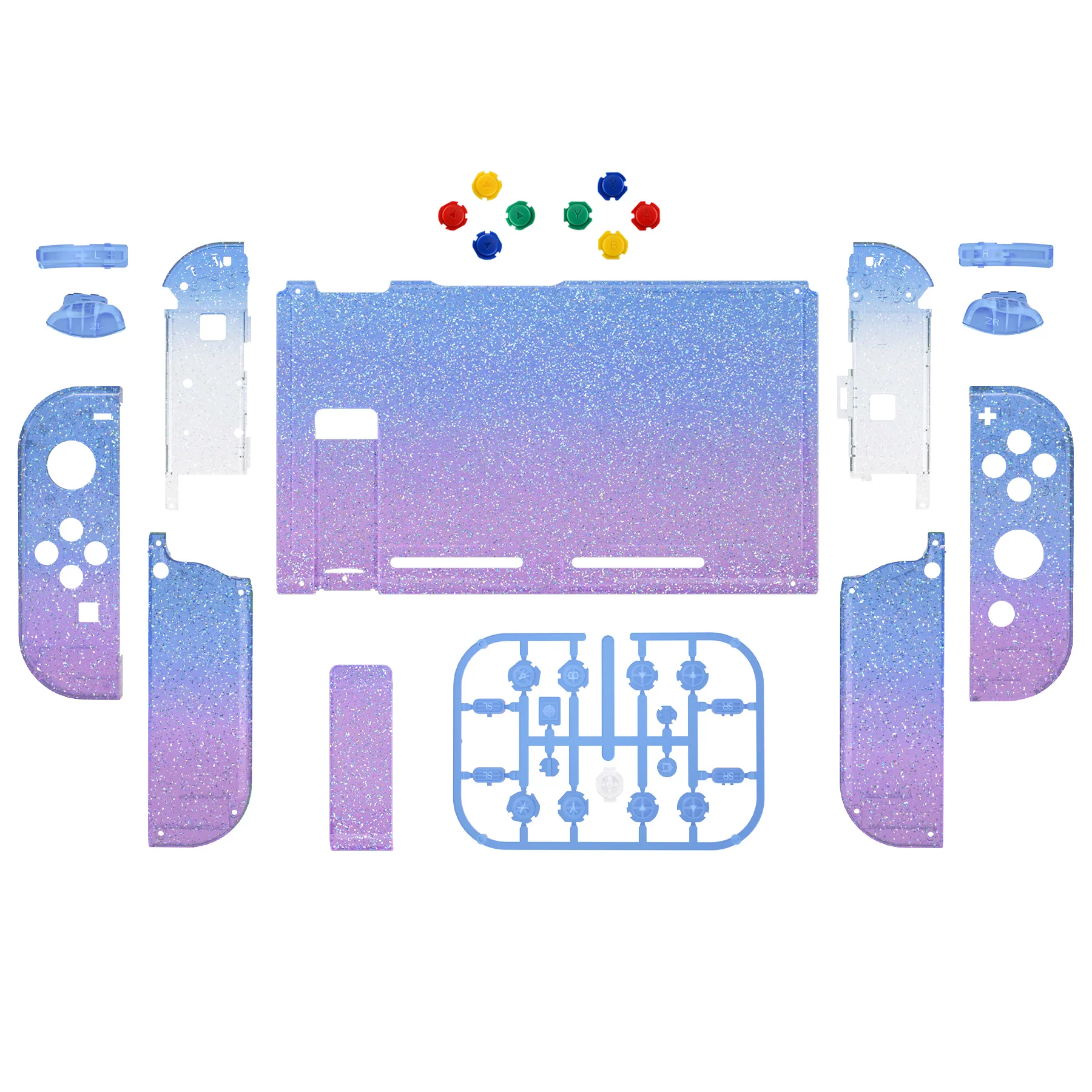 eXtremeRate Replacement Full Set Shells with Buttons for Nintendo Switch - Glitter Gradient Translucent Bluebell - Image 2