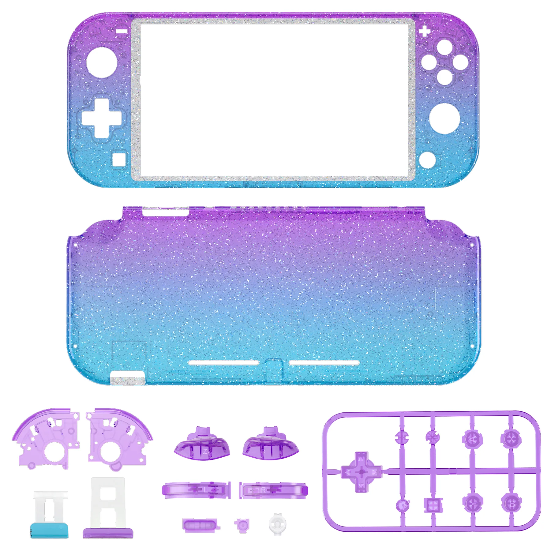 eXtremeRate Replacement Full Set Shells with Buttons Kits & Screen Protector for Nintendo Switch Lite - Glitter Gradient Translucent Bluebell & Blue - Image 2
