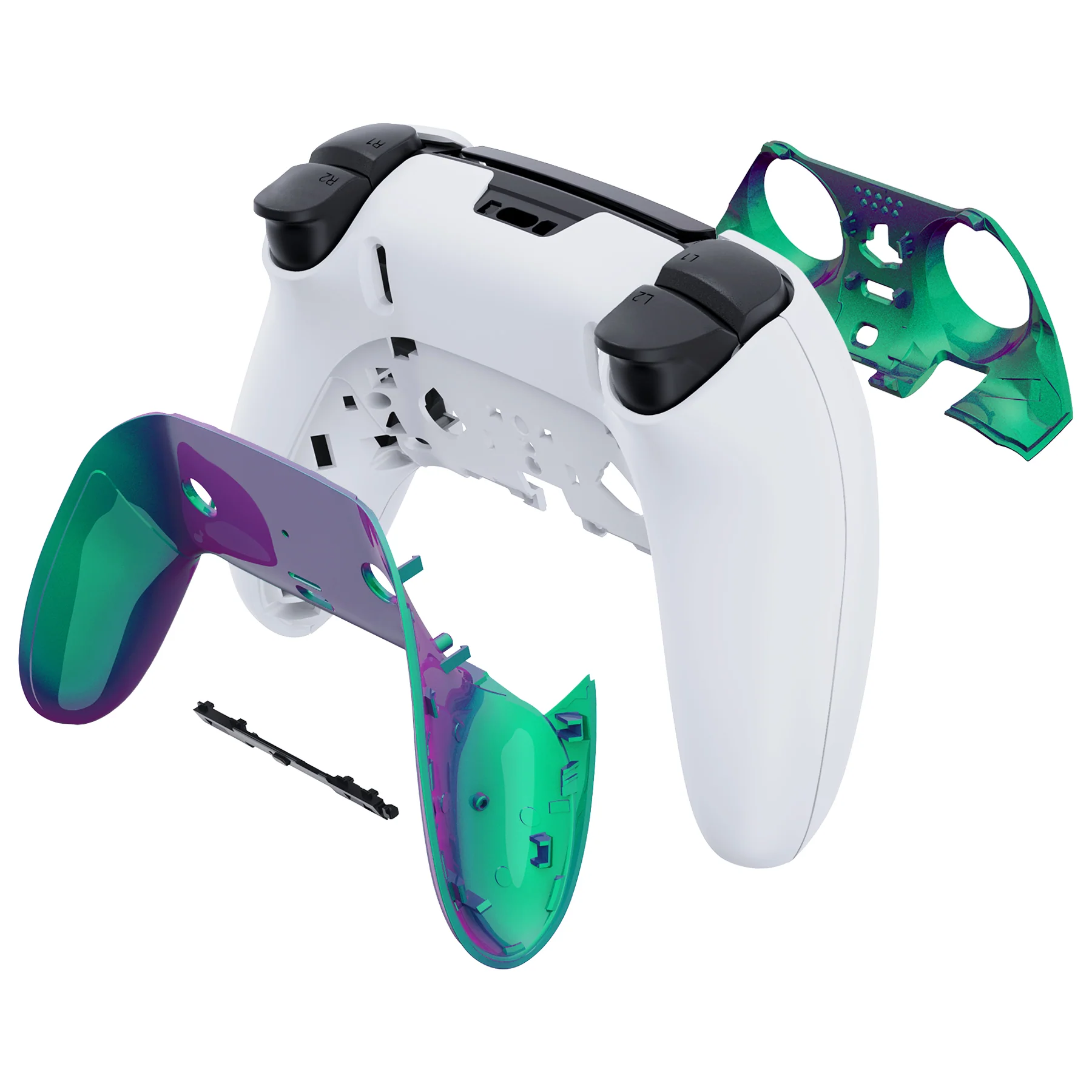 eXtremeRate Replacement Top Bottom Decorative Trim Shell Compatible with PS5 Edge Controller - Chameleon Green Purple - Image 7
