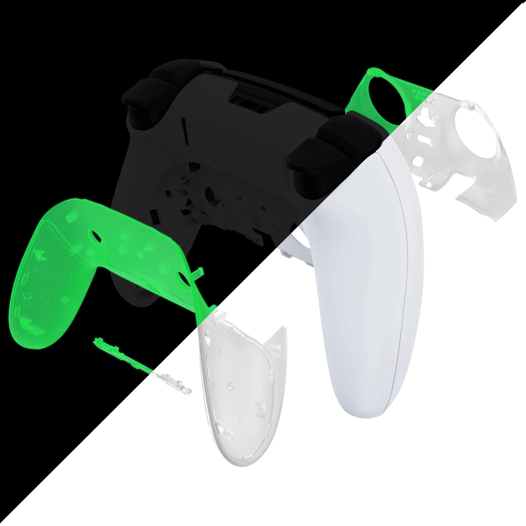 eXtremeRate Replacement Top Bottom Decorative Trim Shell Compatible with PS5 Edge Controller - Glow in Dark - Green - Image 9
