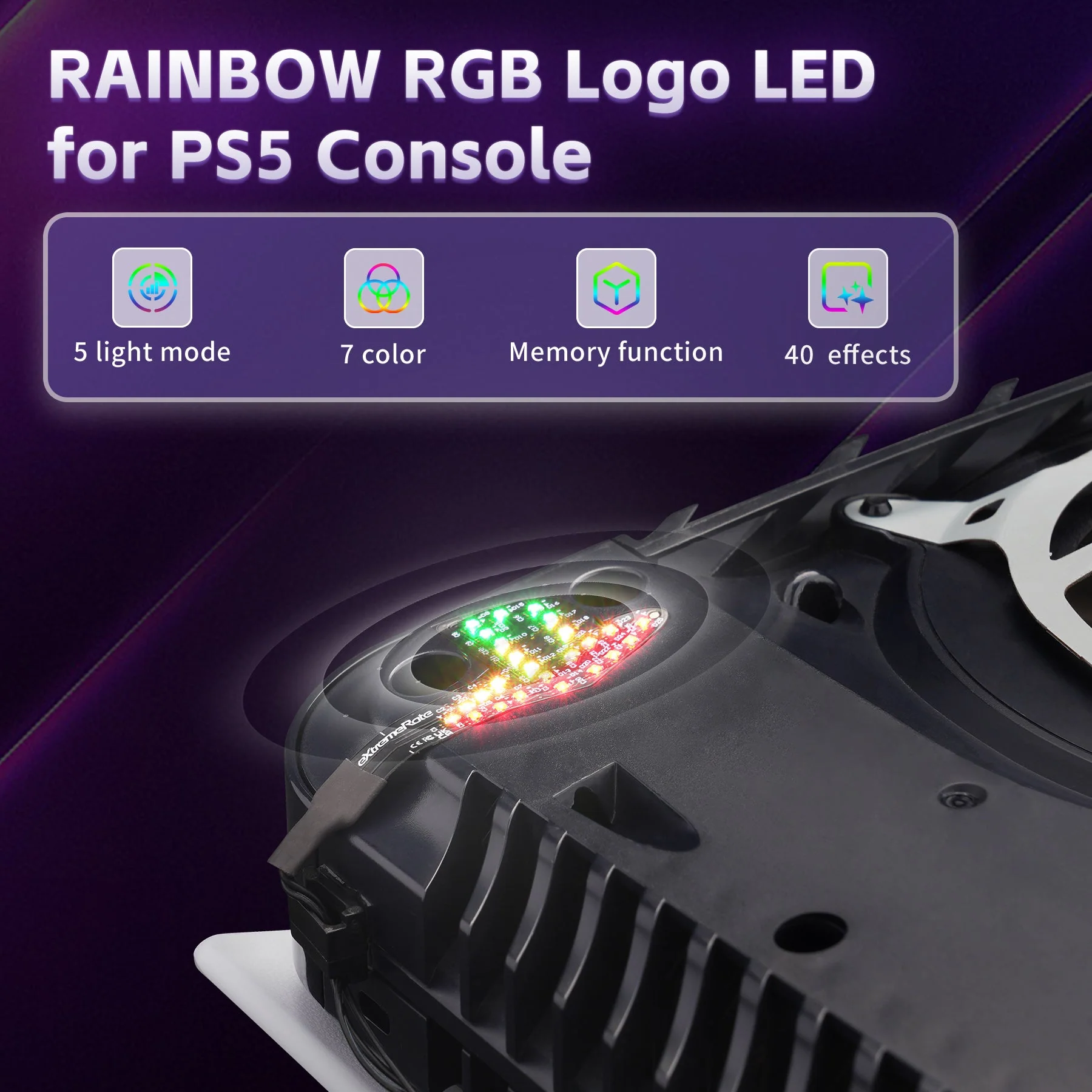 eXtremeRate RGB RAINBOW Logo LED Kit for PS5 Disc & Digital Edition Console (2020 CFI-1 Series) - 7 Colors 40 Effects - Image 6
