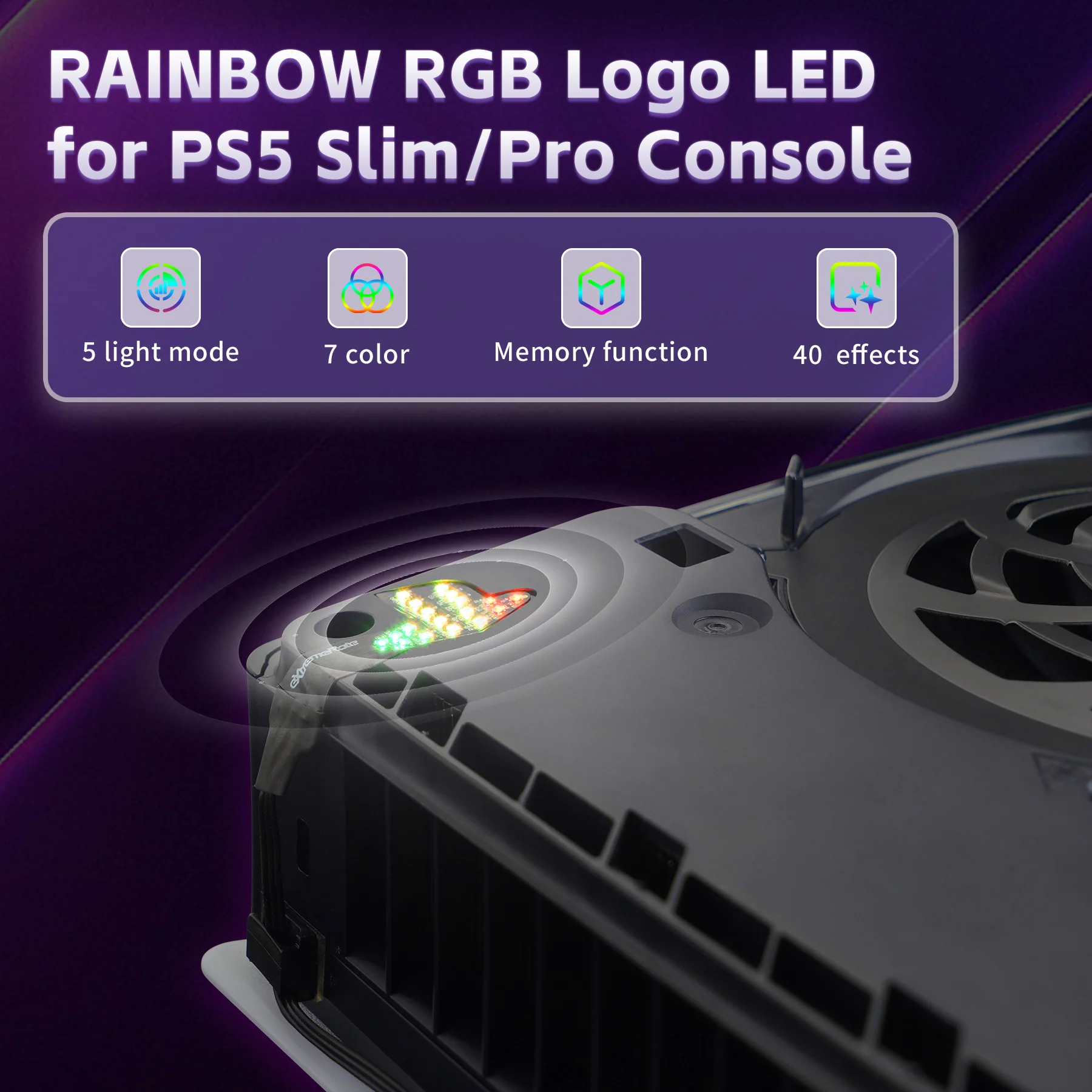 eXtremeRate RGB RAINBOW Logo LED Kit for PS5 Slim/Pro Disc & Digital Console - 7 Colors 40 Effects - Image 7