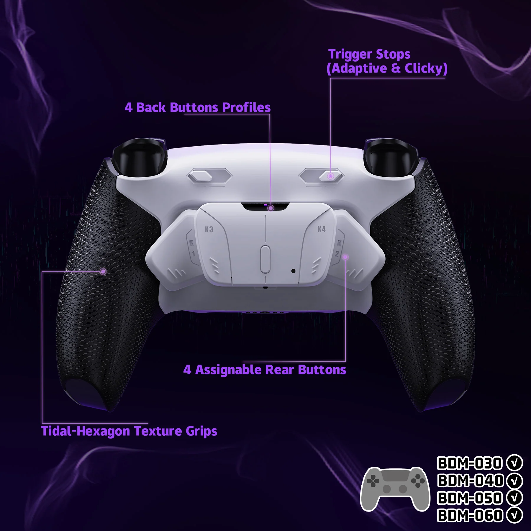 eXtremeRate RISE4 Plus MAX Back Paddles Kit with Clicky Trigger Stops & Rubberized Grip for PS5 Controller BDM-030/040/050/060 - White Black - White - Image 5