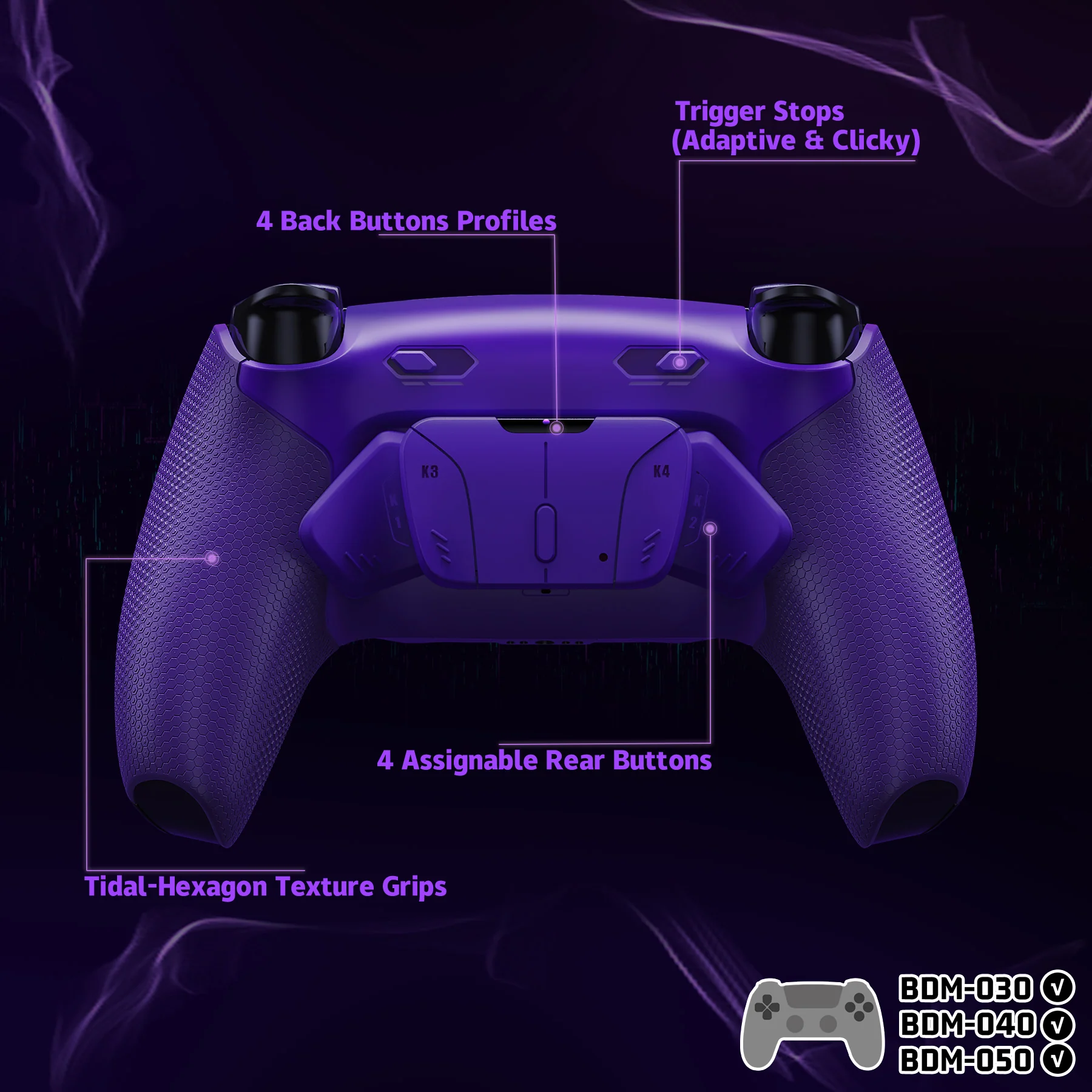 eXtremeRate RISE4 Plus MAX Back Paddles Kit with Clicky Trigger Stops & Rubberized Grip for PS5 Controller BDM-030/040/050 - Galactic Purple - Image 5