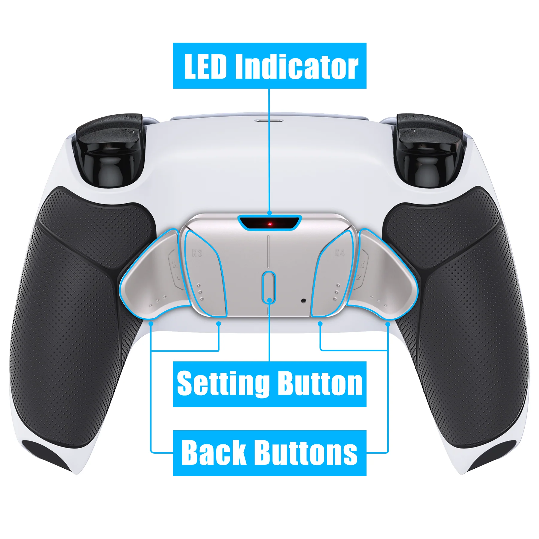 eXtremeRate Silver Real Metal Buttons (RMB) Version RISE4 V3 Remap Kit for PS5 Controller BDM-030/040/050 - Rubberized Black Grips with White Back Shell - Image 4